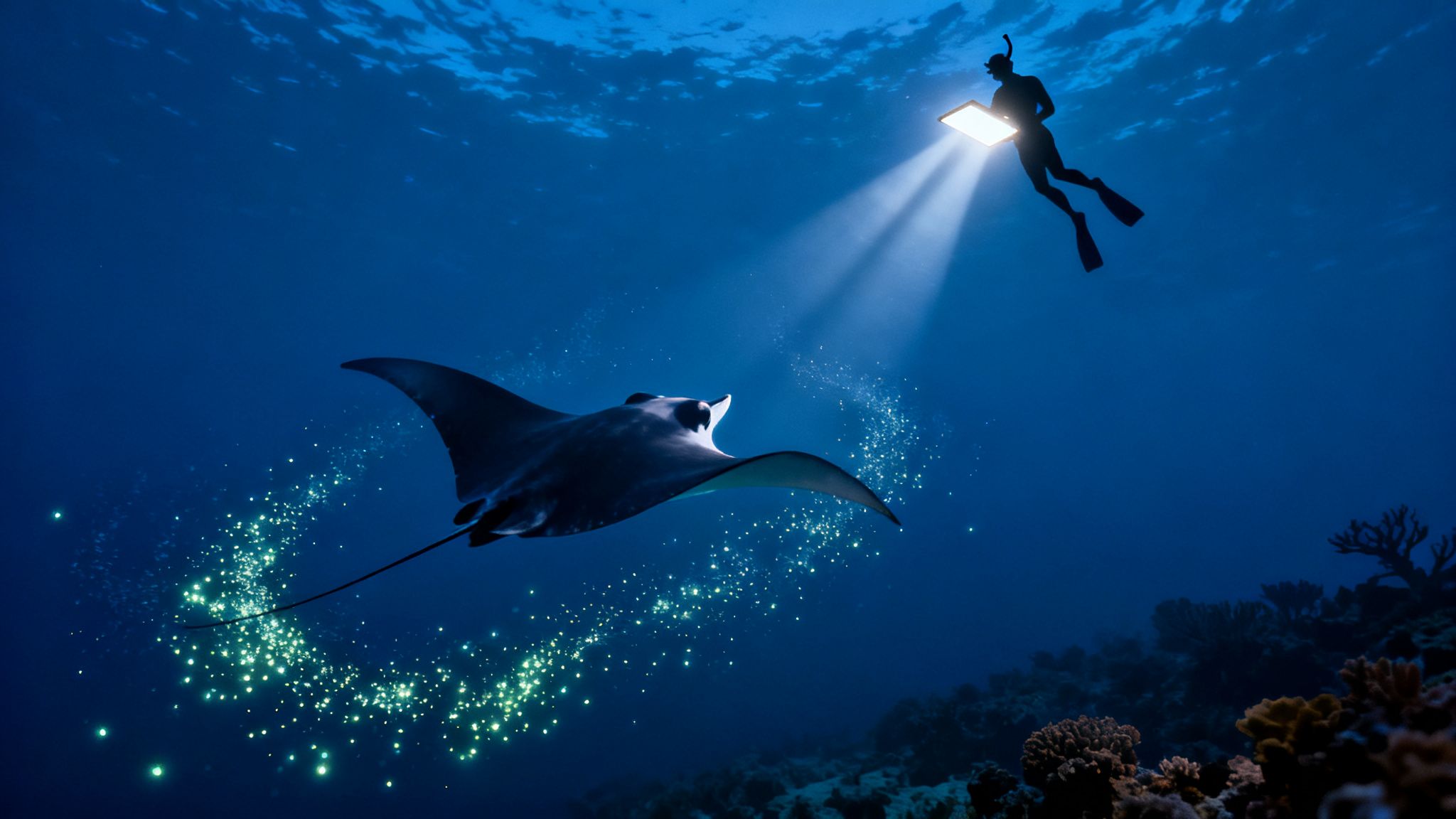 Manta ray swimming underwater: Kona Night Snorkel Guide to Safe Encounters