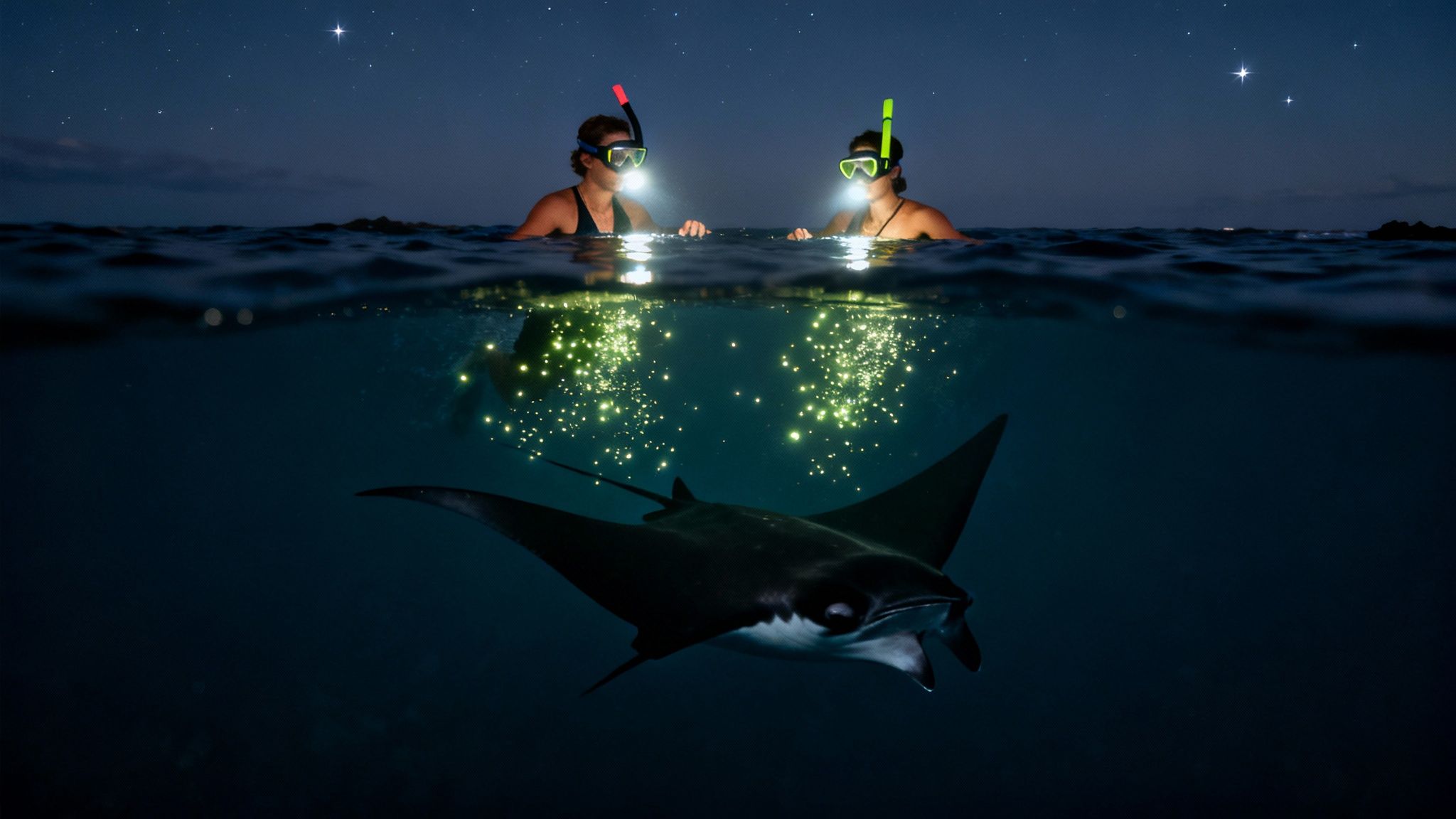 Two snorkelers with lights observe a giant manta ray in dark ocean waters at night.