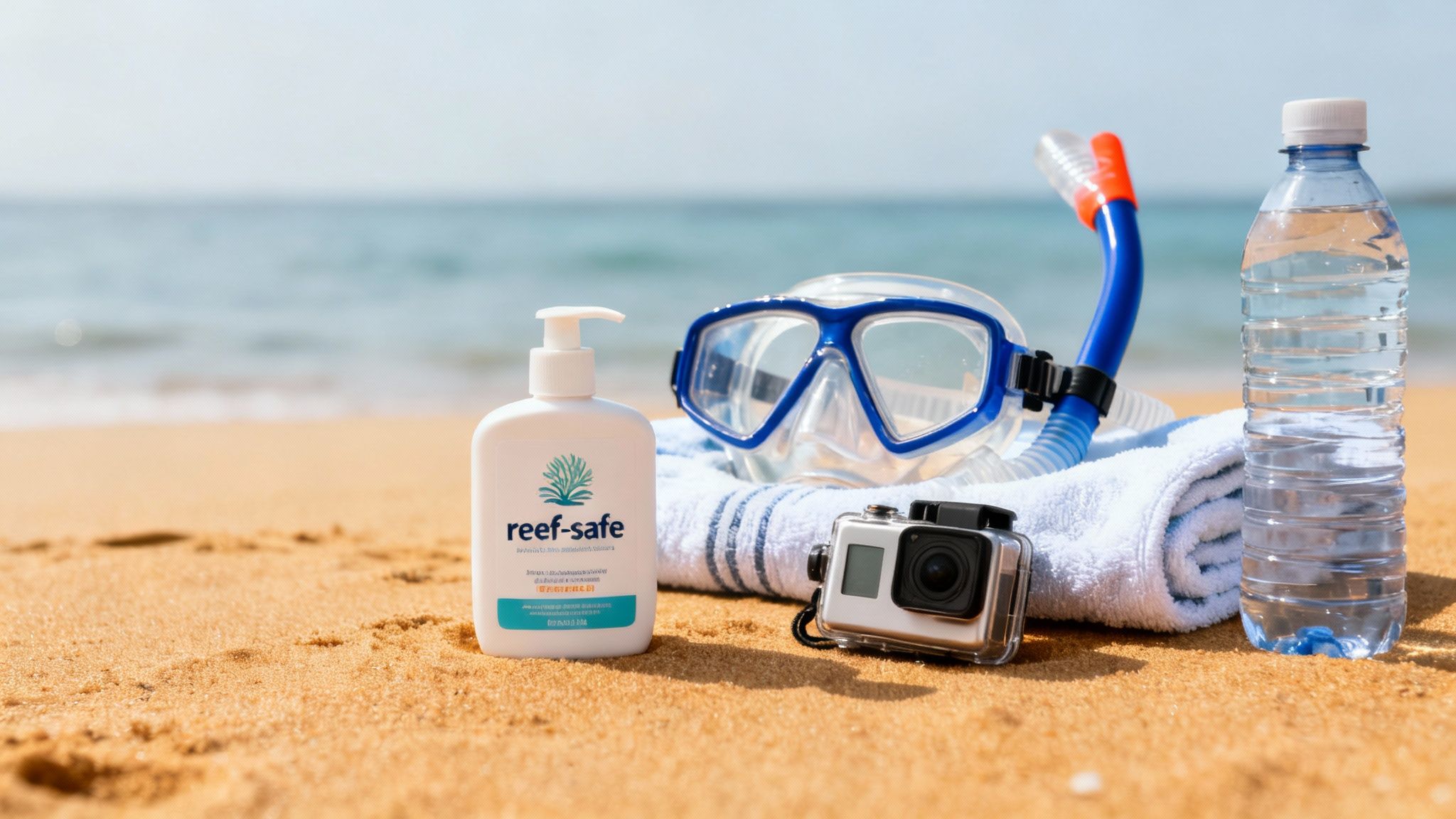 Snorkeling essentials including reef-safe sunscreen, mask, snorkel, GoPro, towel, and water bottle on a sandy beach.
