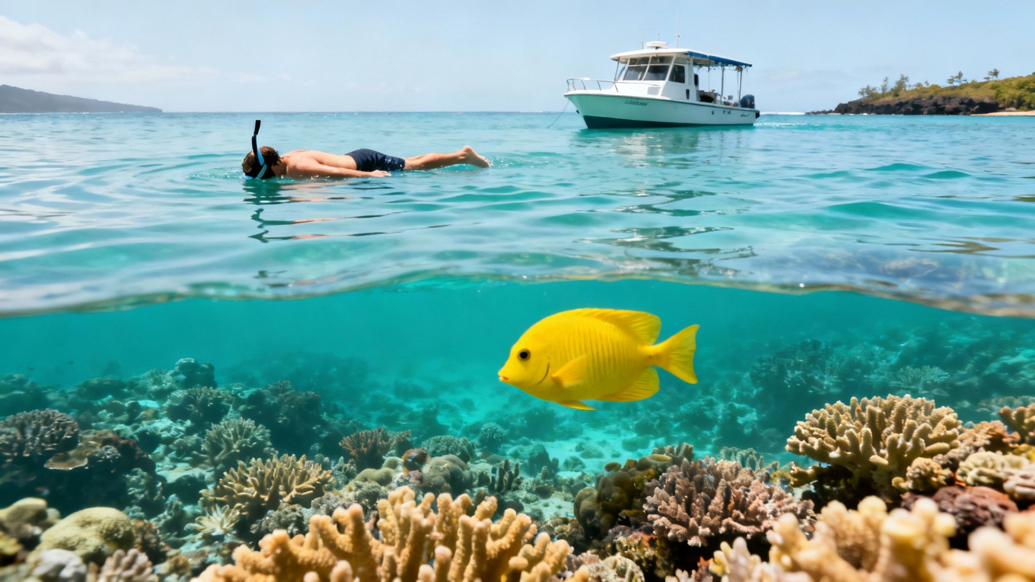 Vibrant coral reef with tropical fish in Kealakekua Bay