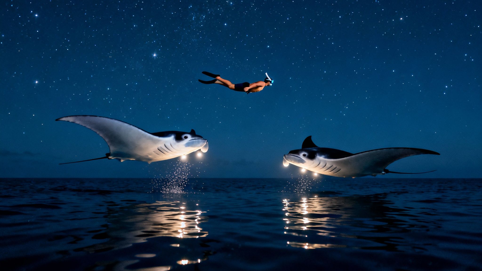Night snorkeling with two luminous manta rays under a star-filled sky over dark ocean.