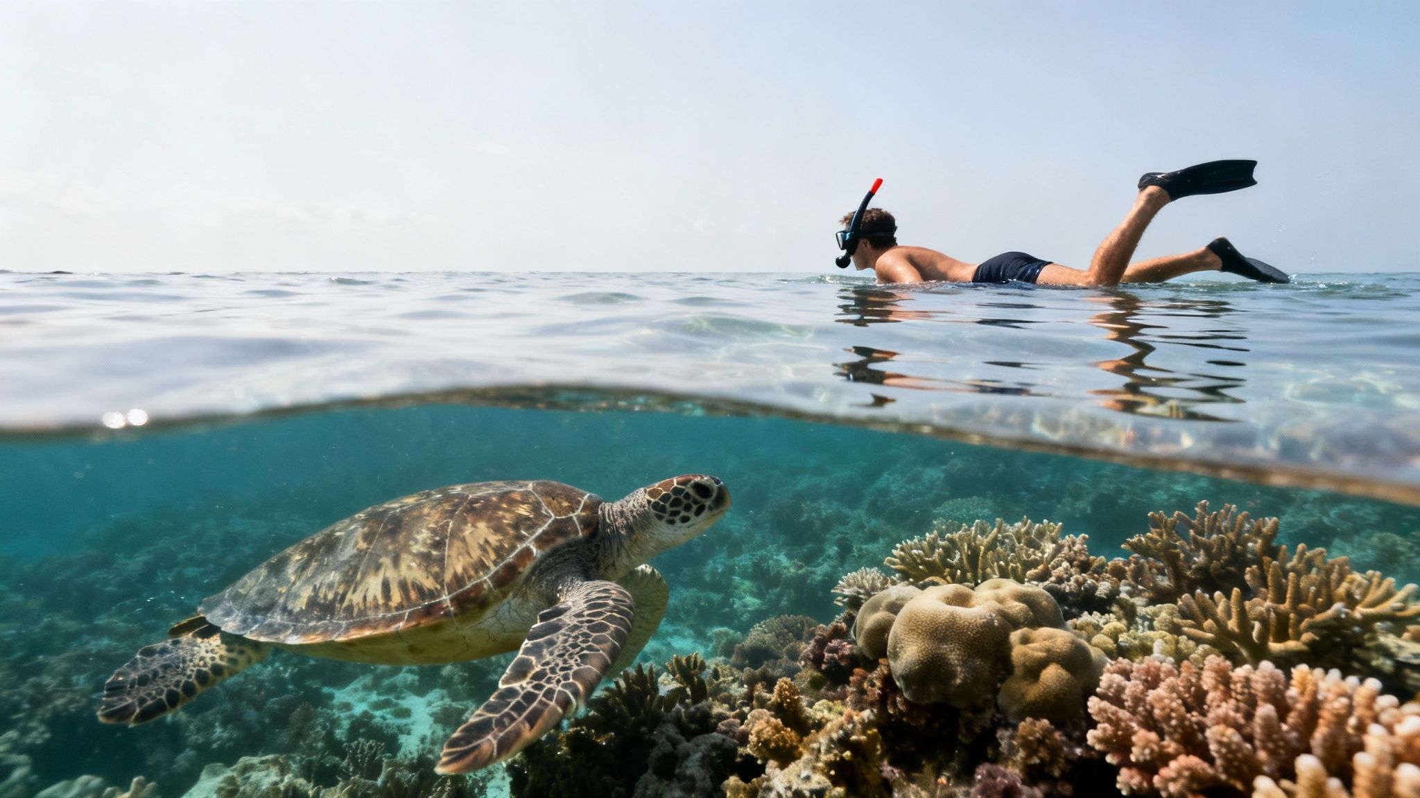 A man snorkeling on the surface observing a green sea turtle swimming over a vibrant coral reef.