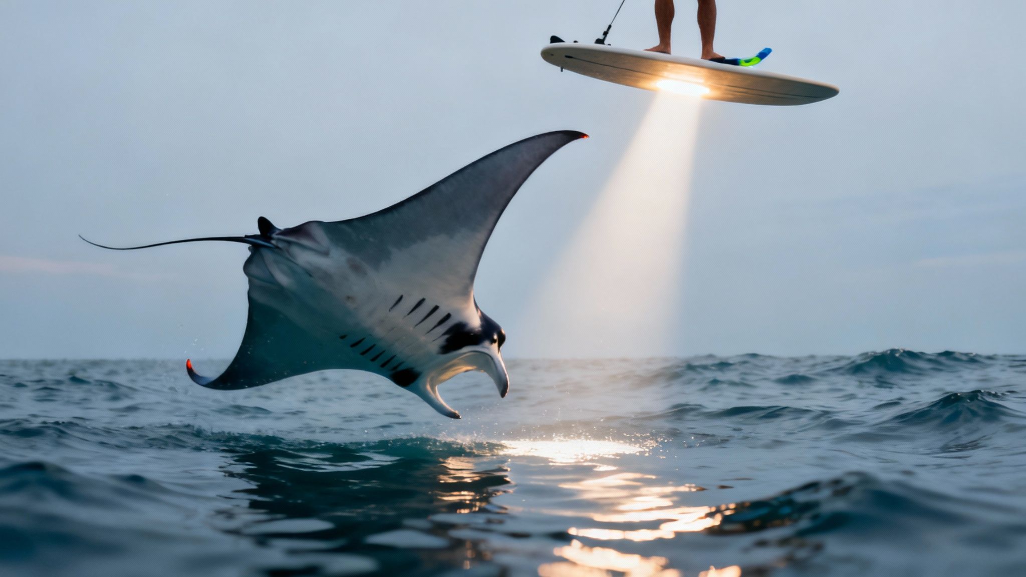 Manta ray breaching ocean surface near paddle boarder during snorkeling tour in Kona Hawaii