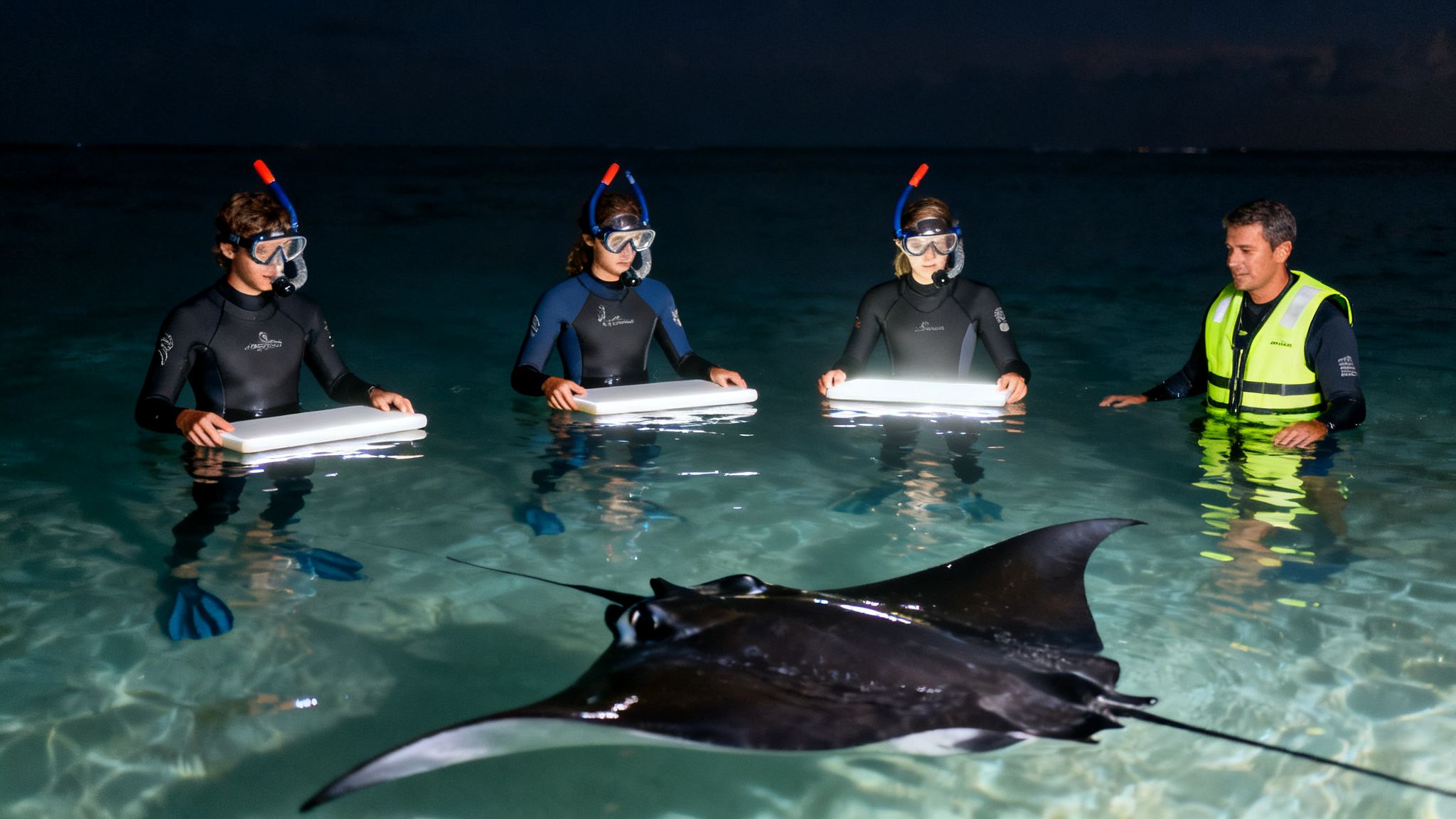Night snorkeling group observing a large manta ray in clear water with illuminated boards.