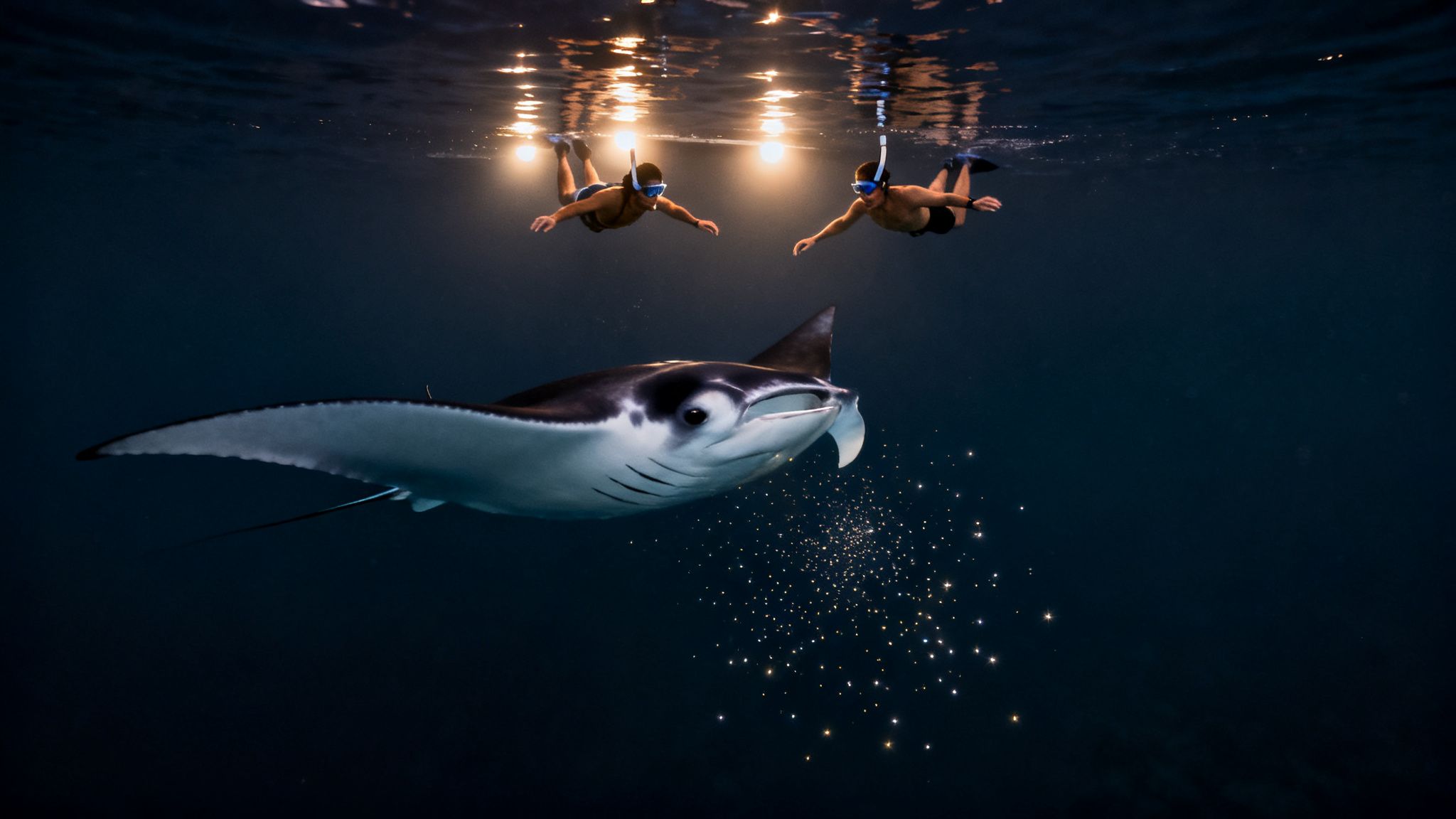 Snorkelers with lights observe a large manta ray feeding on glowing plankton in dark water.
