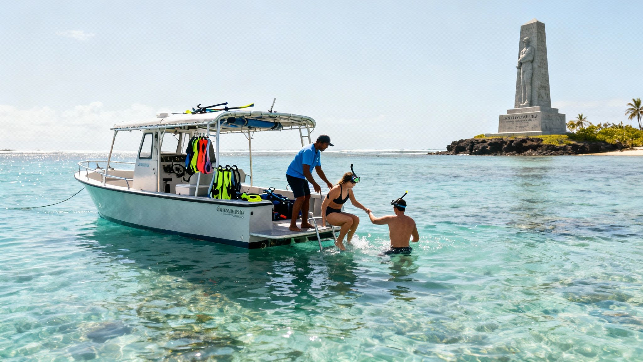 A group of snorkelers exploring the vibrant reef near the Captain Cook monument in Kealakekua Bay