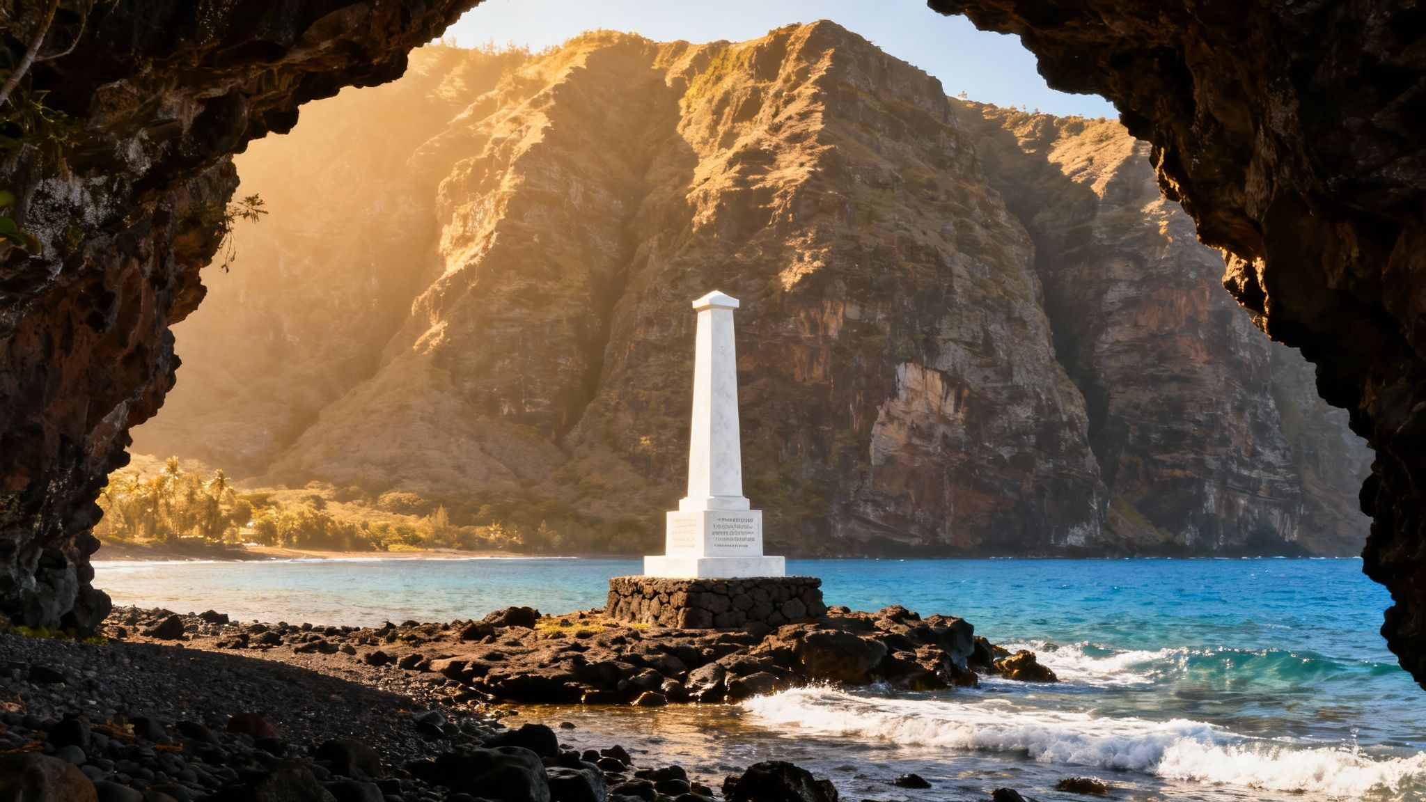 View from a cave of a white obelisk monument on rocky ocean shore with sunlit cliffs.