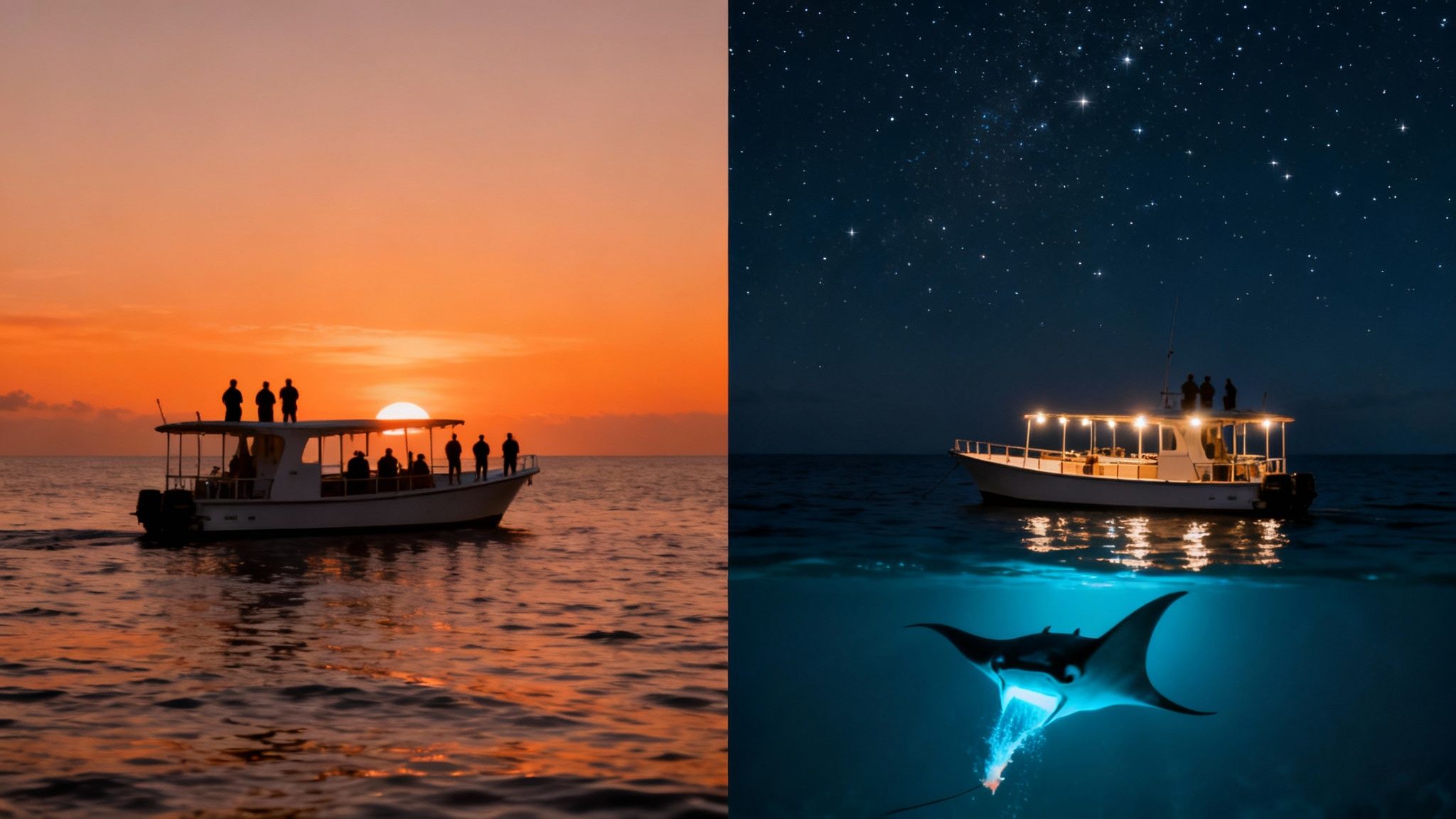 A split image shows a boat with people at sunset and a manta ray swimming at night.