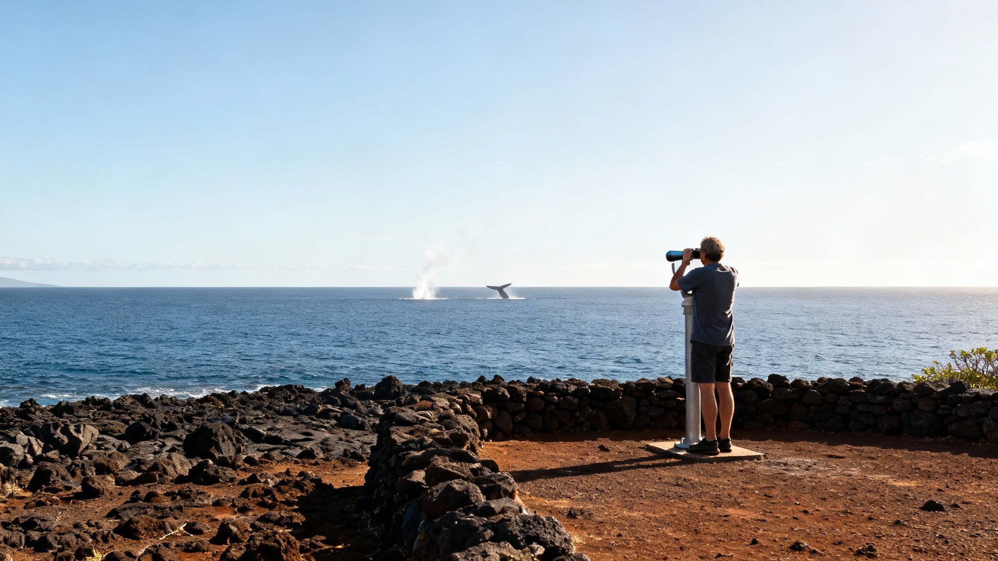 A man uses a coin-operated telescope to watch whales breaching and spouting off a rocky Hawaiian coast.