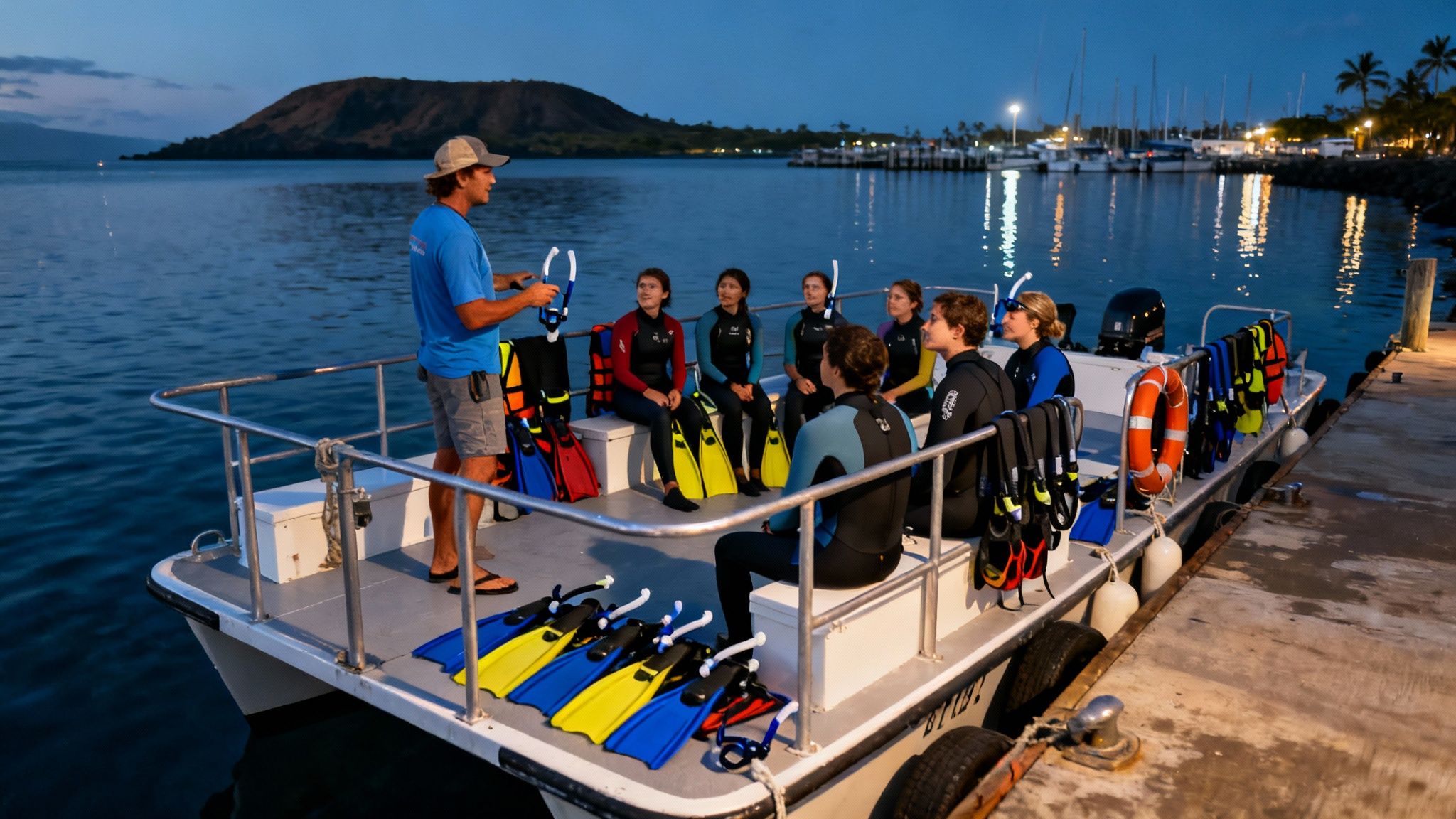 Instructor briefs a group in wetsuits on a boat with snorkeling gear at dusk.