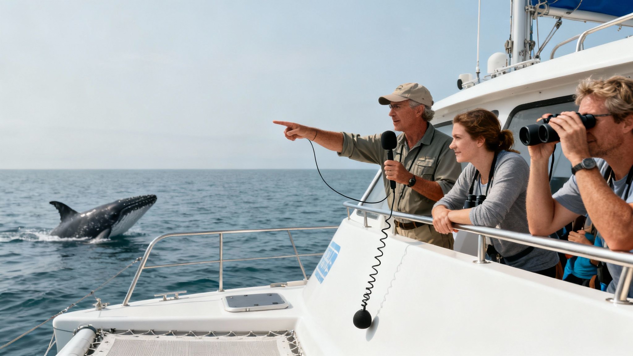 A group of tourists on a boat watching a humpback whale breach in the distance off the Big Island.