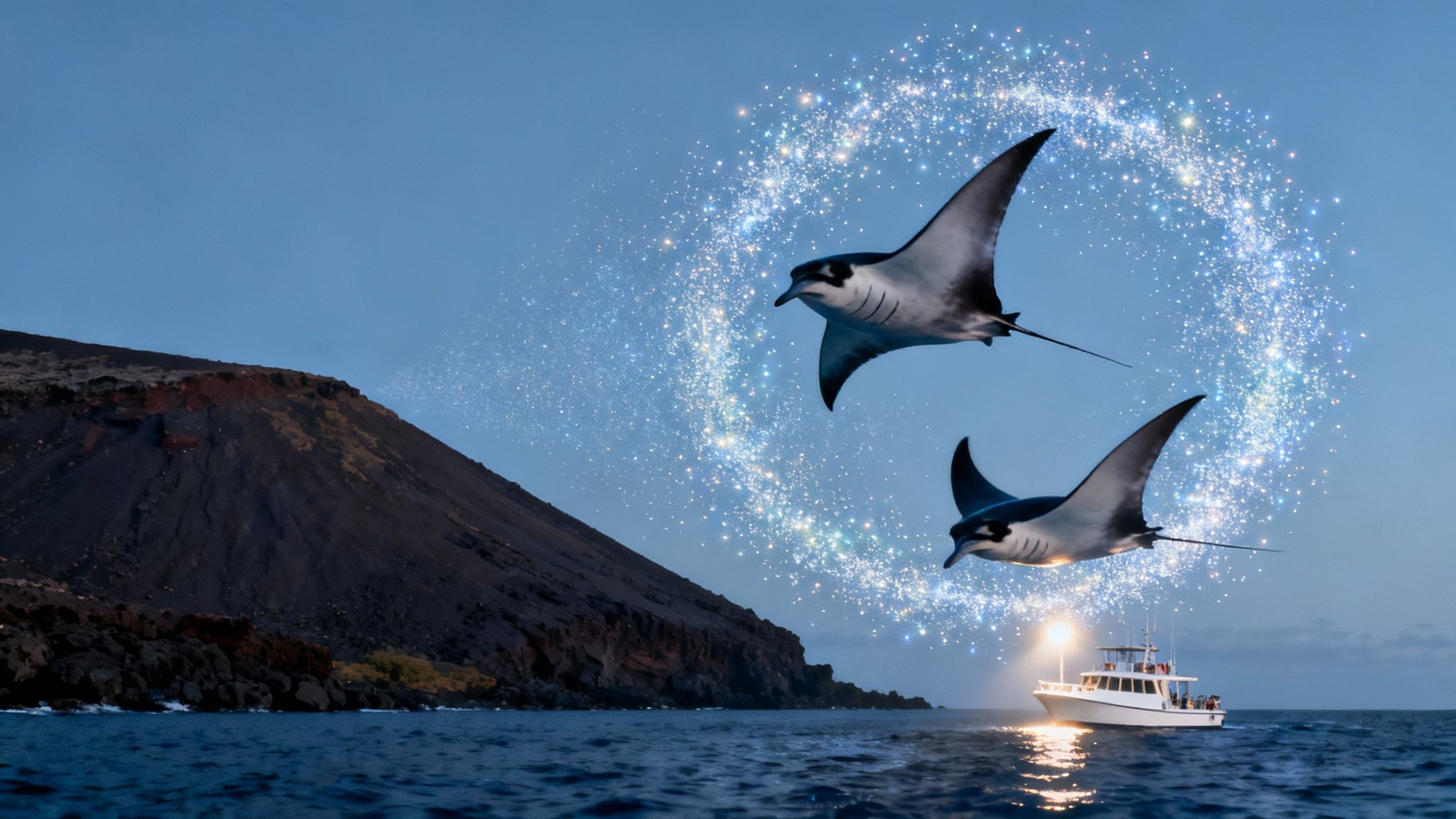 Two majestic manta rays swim through a sparkling light ring above a boat near a volcanic island at night.