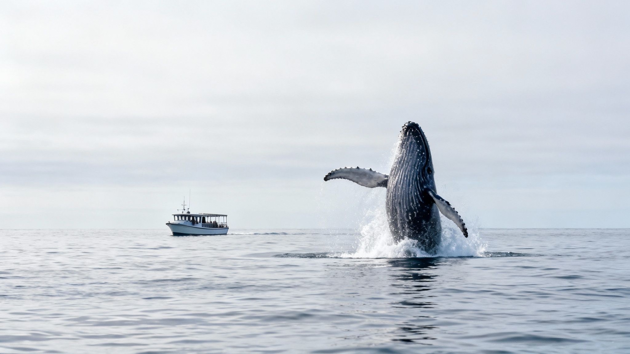A magnificent humpback whale breaches high out of the ocean next to a small tour boat.