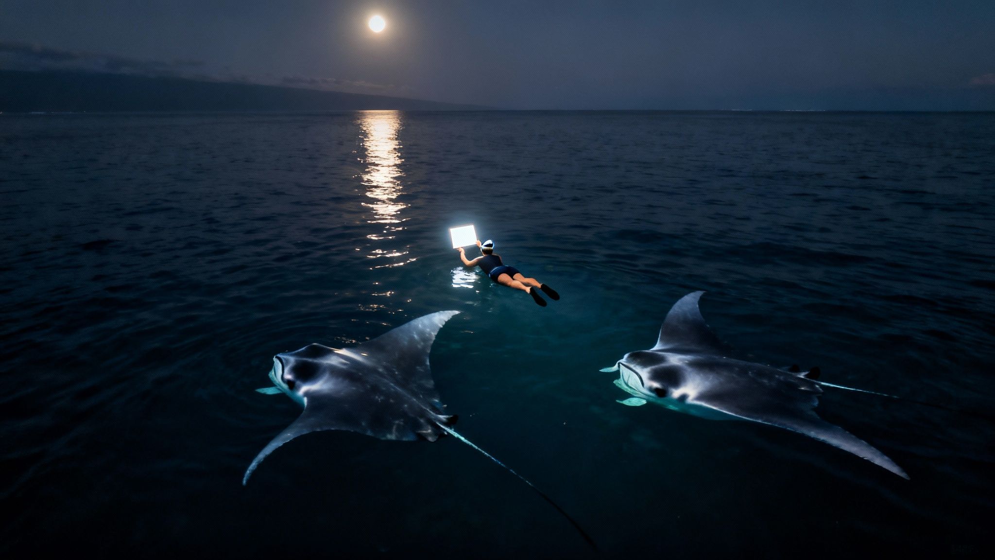 A swimmer holds a light panel to attract manta rays at night under a full moon.