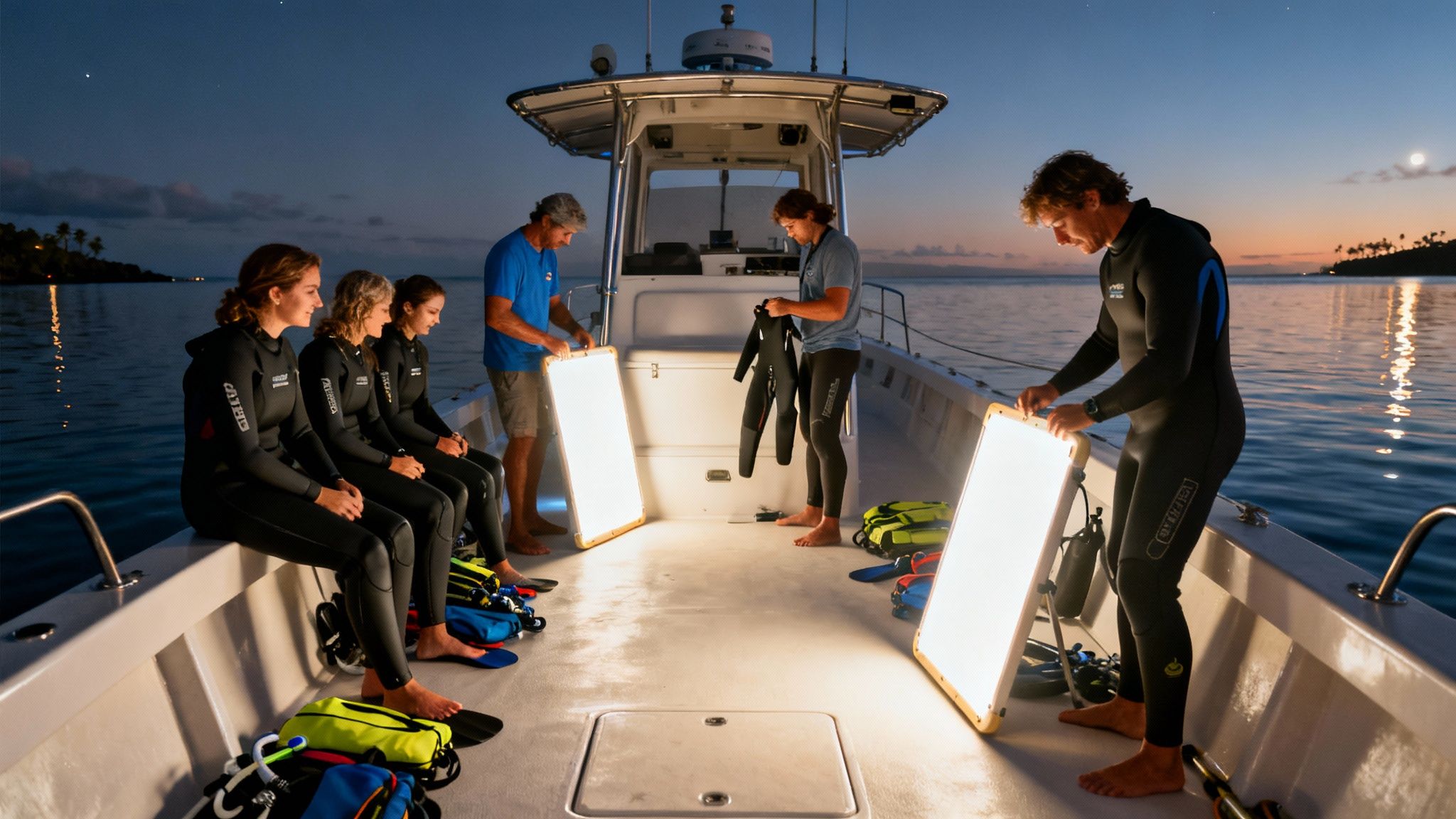 A group of people preparing for a night snorkel on a boat at dusk with illuminated panels.
