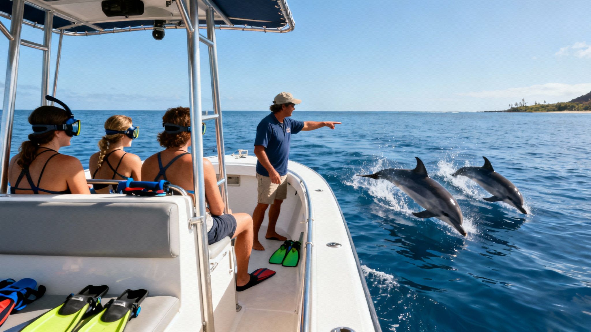 People on a boat watching two dolphins jump from the ocean, guided by a man.