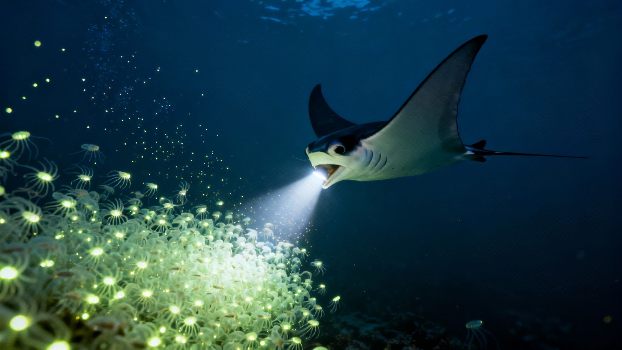 A spotted eagle ray lights up a vibrant cluster of glowing jellyfish with a beam from its mouth.