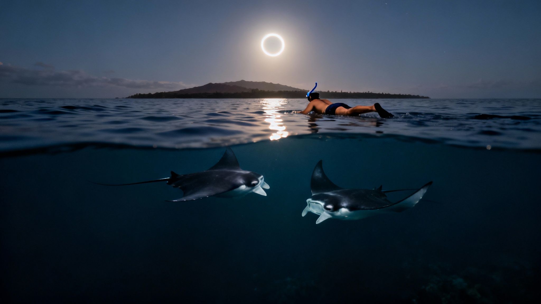 A group of snorkelers watching a large manta ray swim beneath them at night in Kona.
