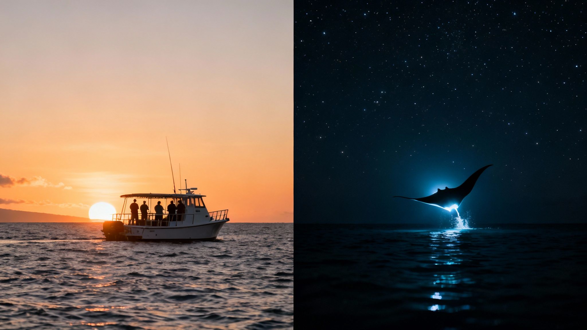 A split image showing a boat with people at sunset on the left and a manta ray jumping at night under stars on the right.