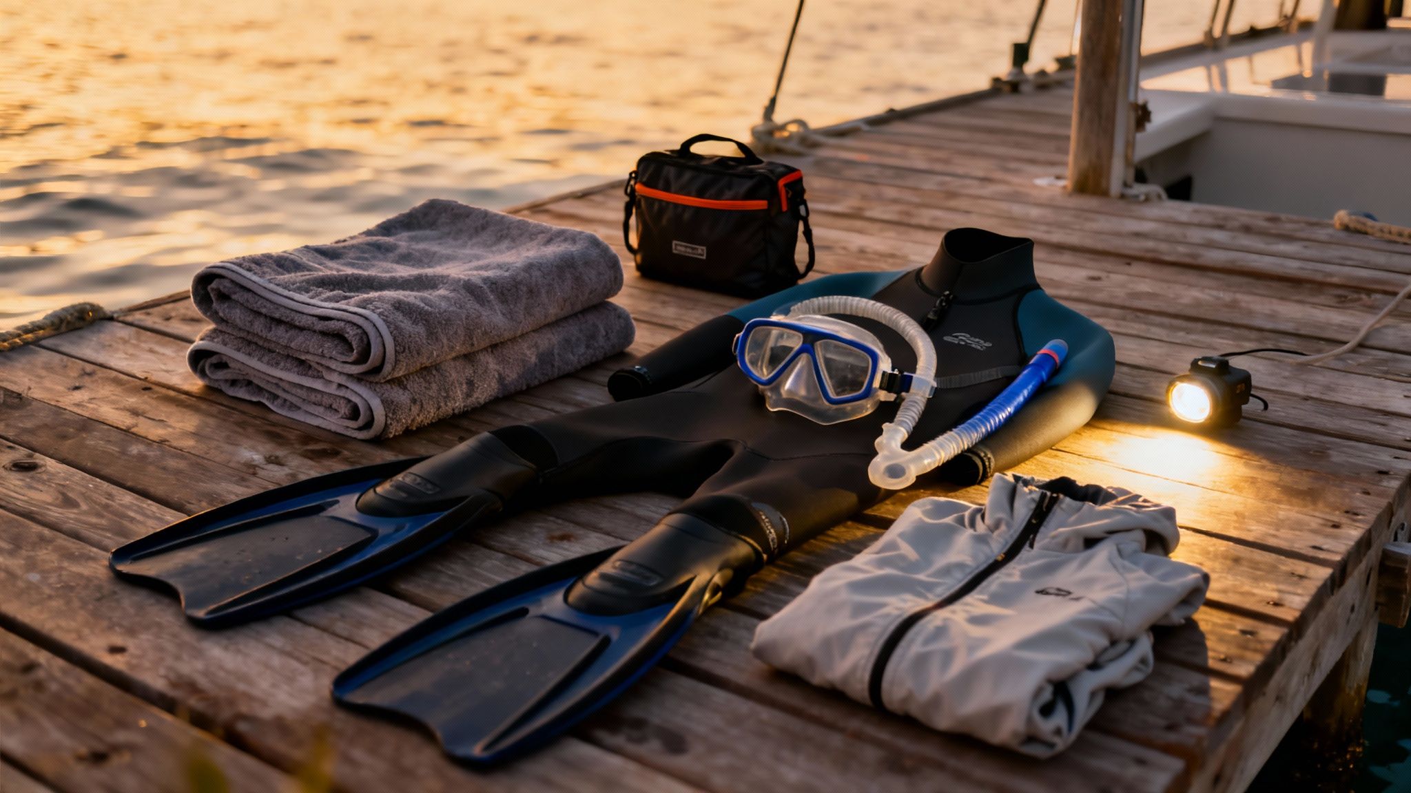 Snorkeling and diving gear, including a wetsuit, mask, fins, and towels, laid on a dock at sunset.