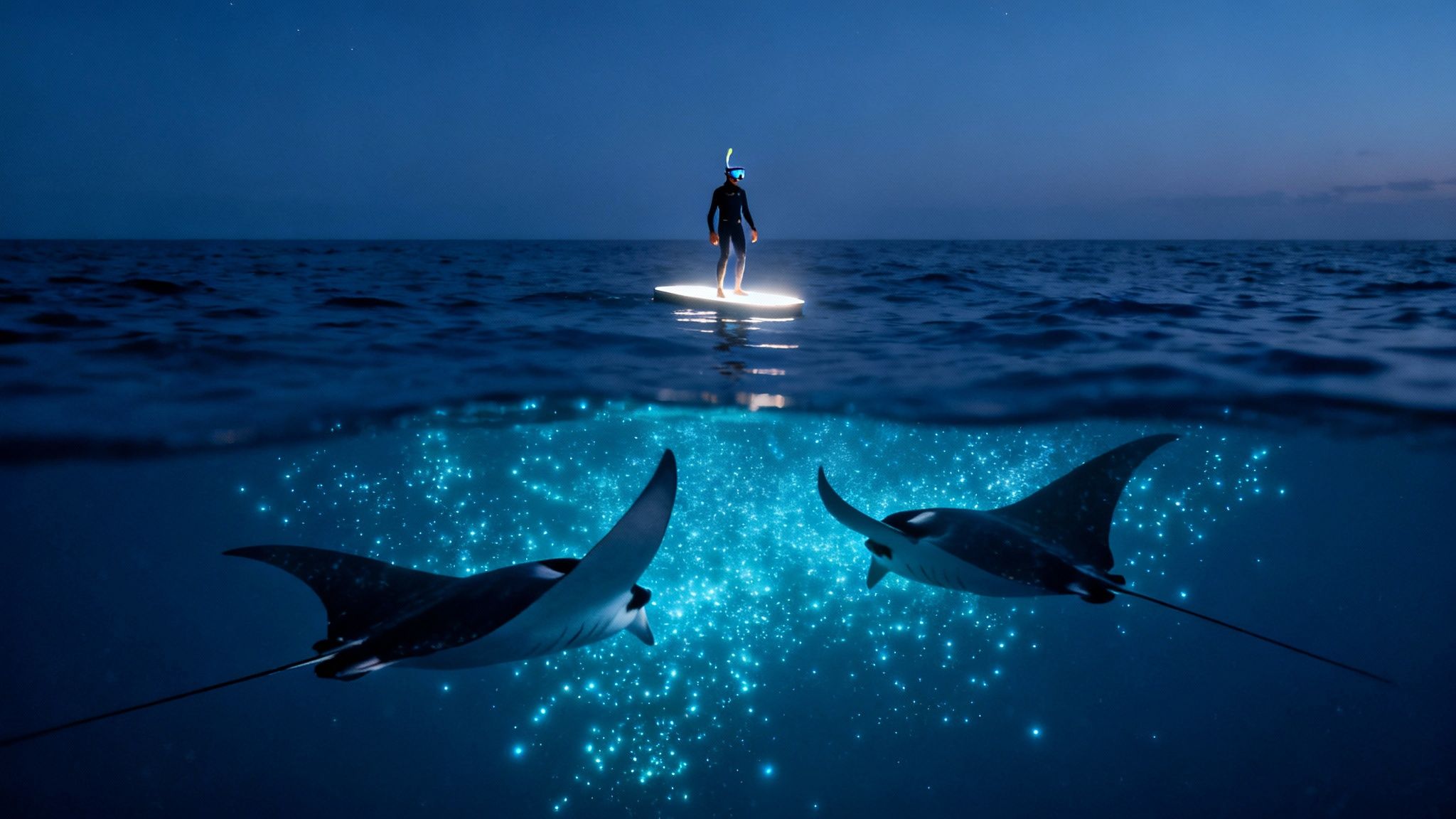 Person snorkeling on a glowing board above two manta rays in bioluminescent water at night.