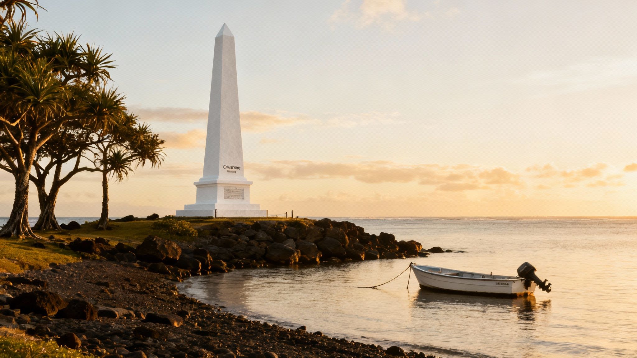 A distant view of the white Captain Cook Monument on the shores of Kealakekua Bay.