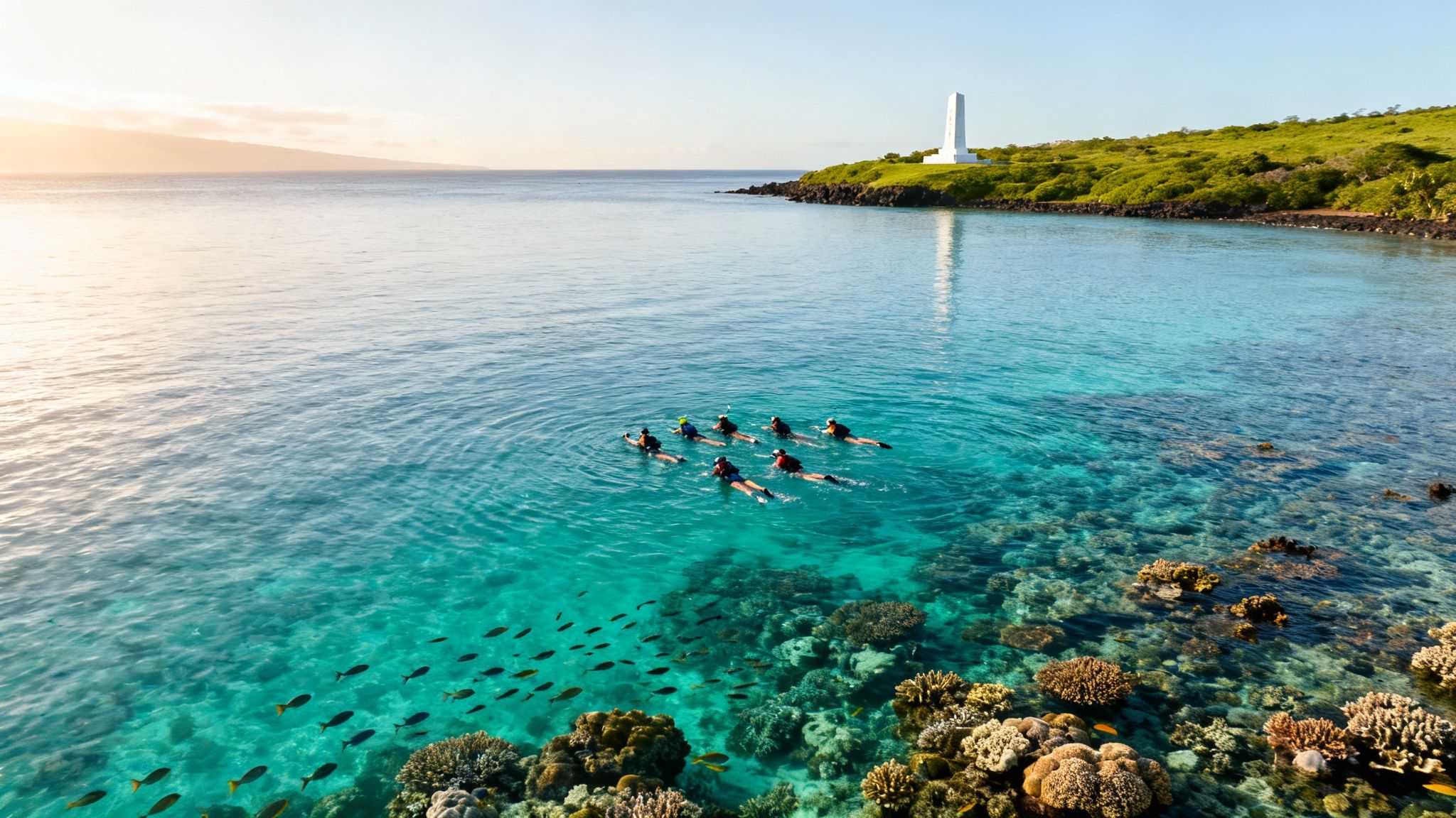 Snorkelers exploring a vibrant coral reef in Kealakekua Bay during a morning tour.