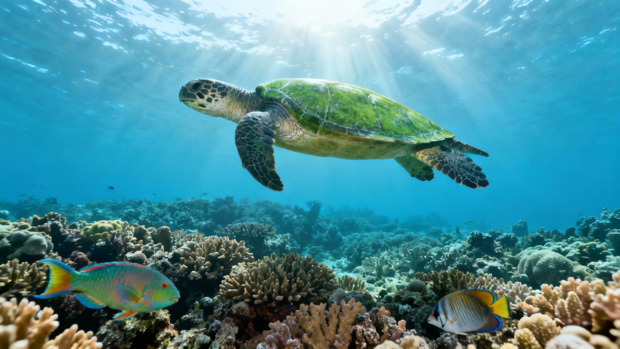 Sea turtle swimming above vibrant coral reef with tropical fish in clear blue ocean water