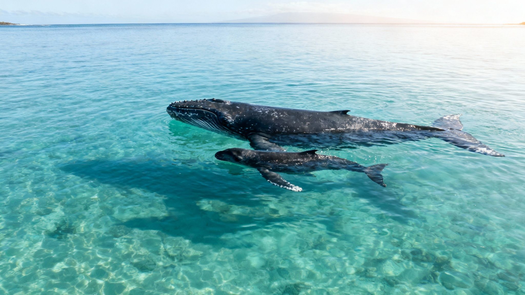 Humpback whale mother and calf swimming together in crystal clear shallow turquoise waters of Kona Hawaii