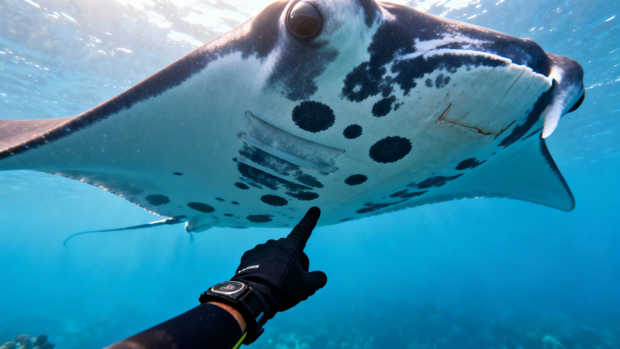 A person's gloved hand points at the distinctive white underside of a swimming manta ray.