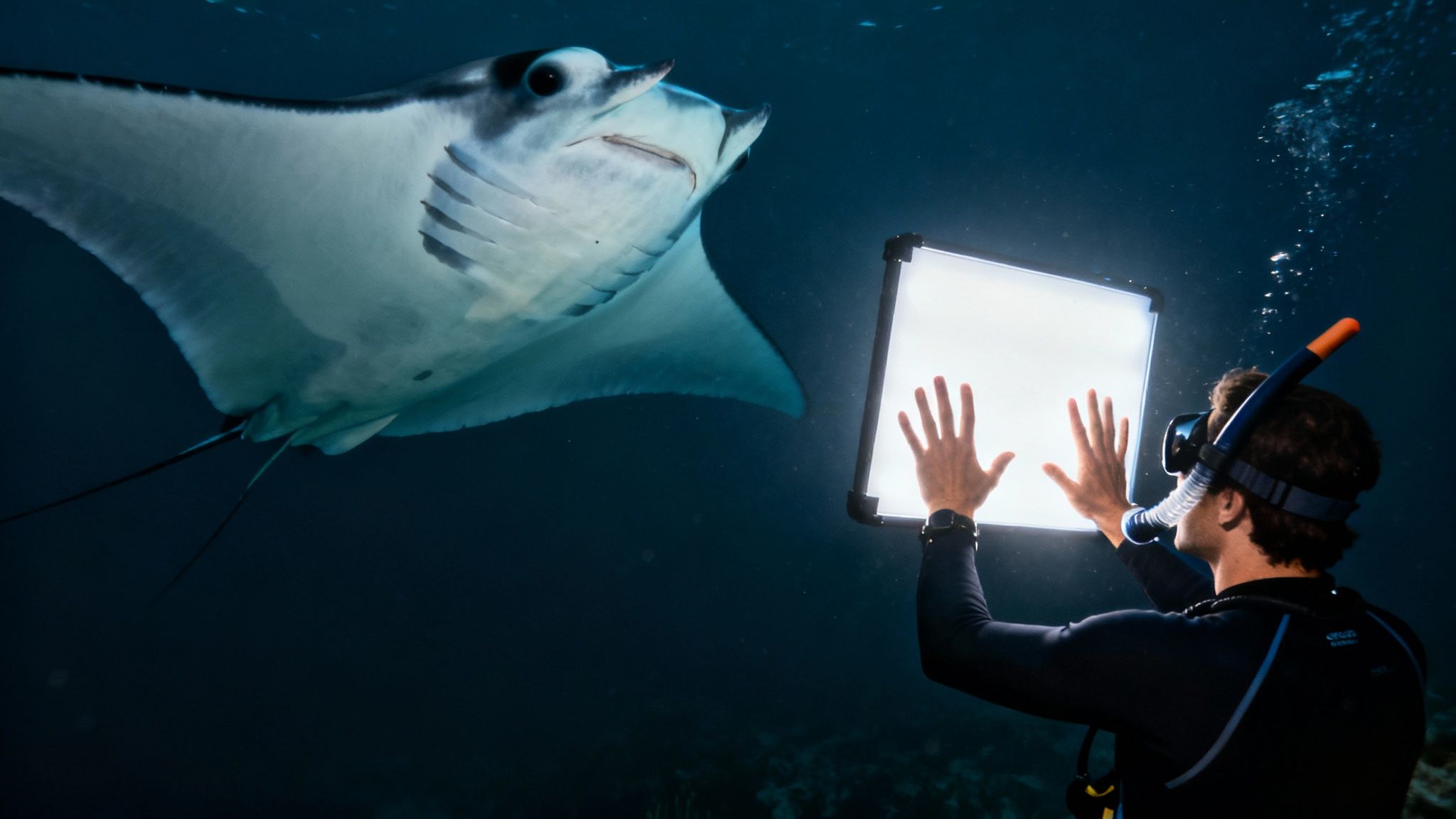 A snorkeler passively observing a giant manta ray swimming just below them, illuminated by the lights of the float.