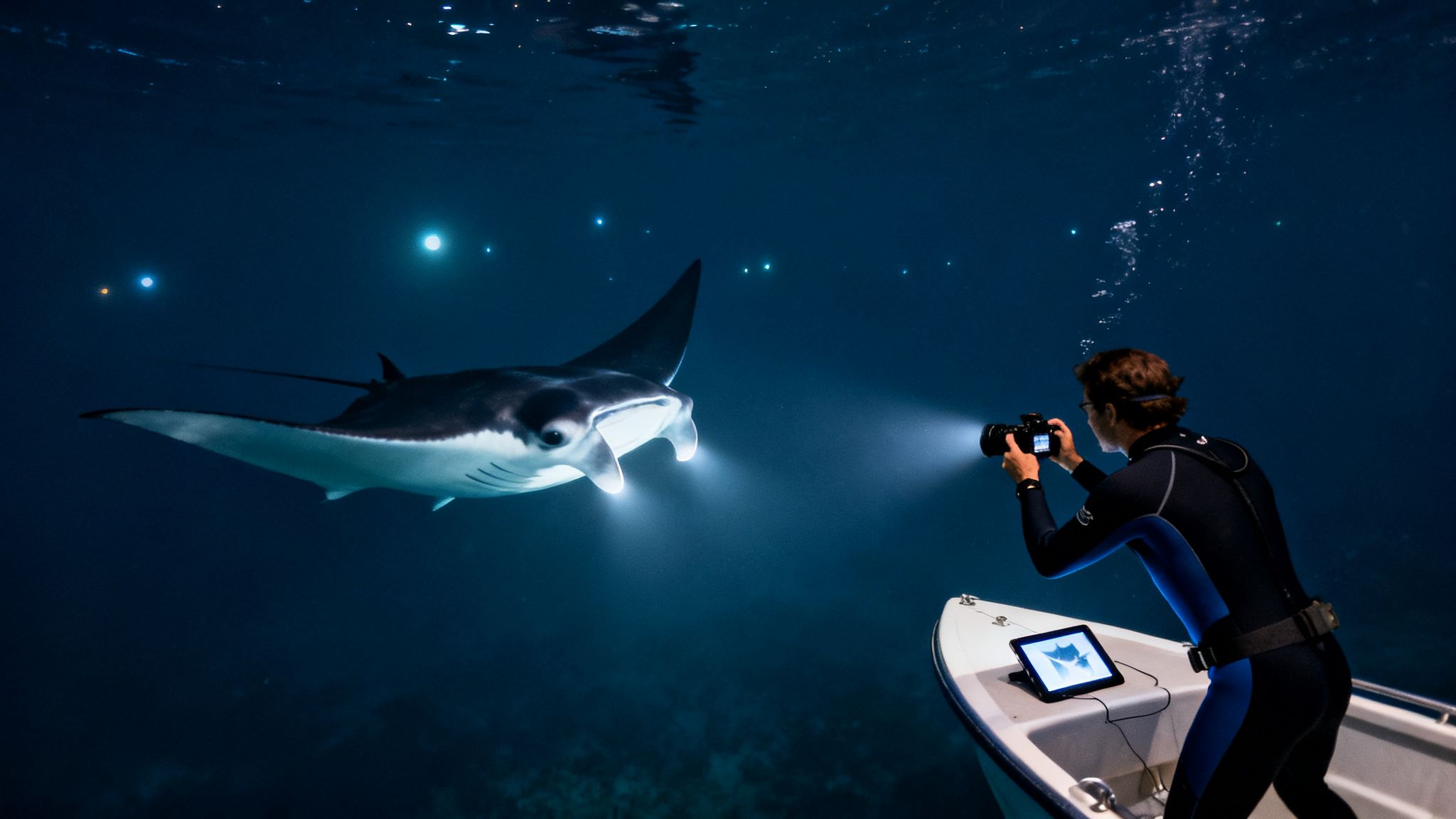 A diver in a wetsuit photographs a large manta ray underwater at night, illuminated by a camera light.