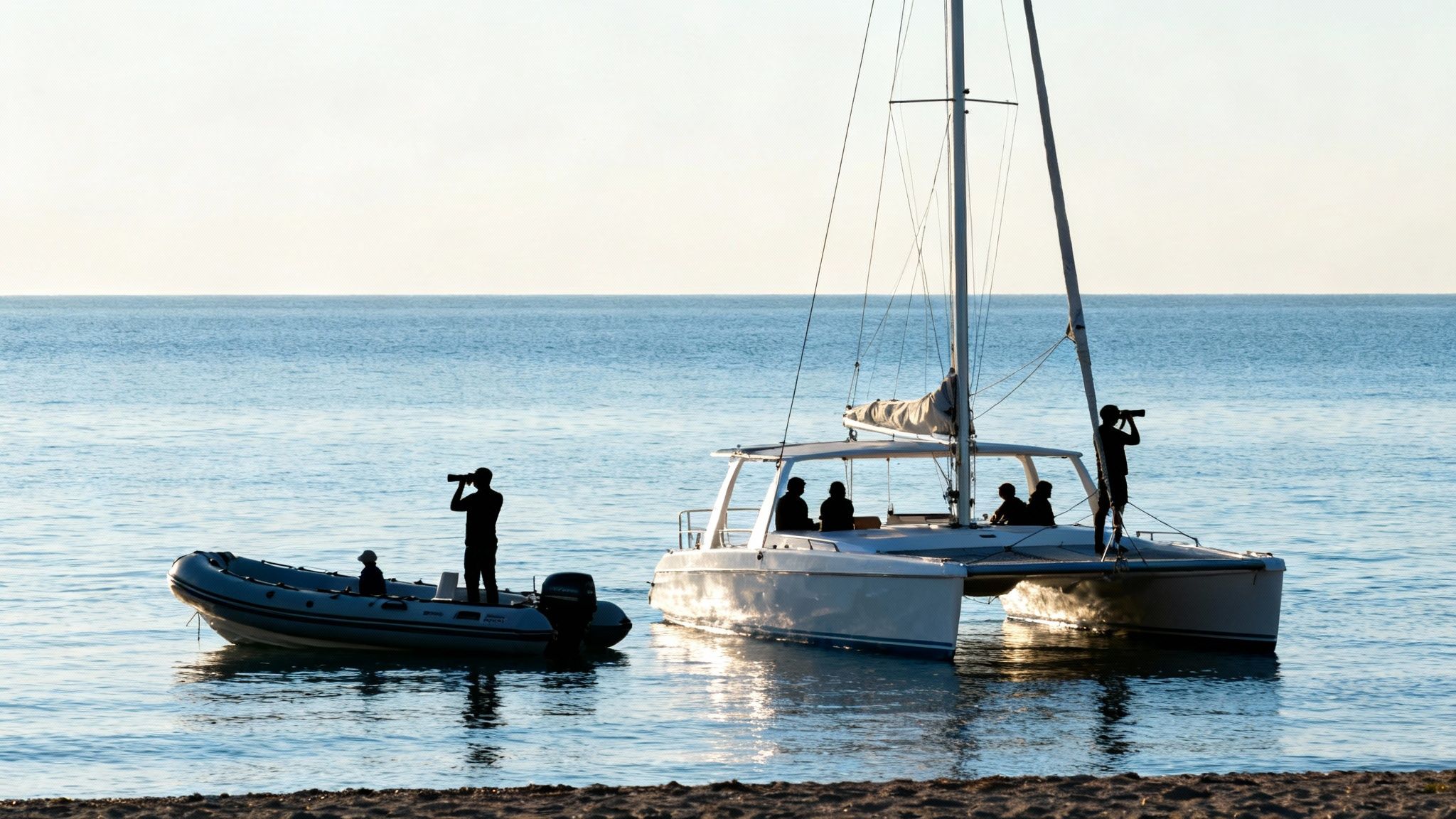 Silhouetted people on a catamaran and a small boat scanning the tranquil sea with binoculars.