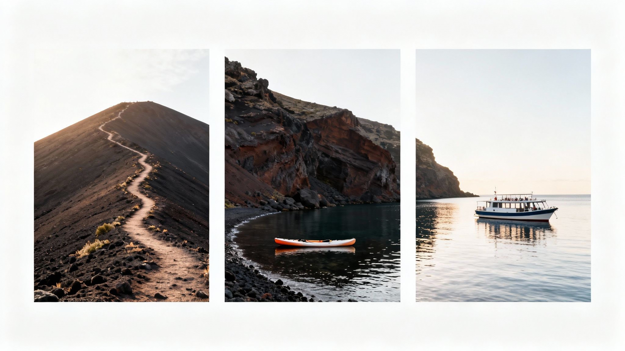 Three vertical photos showing a volcanic mountain path, a kayak in a secluded bay, and a tour boat at sea.