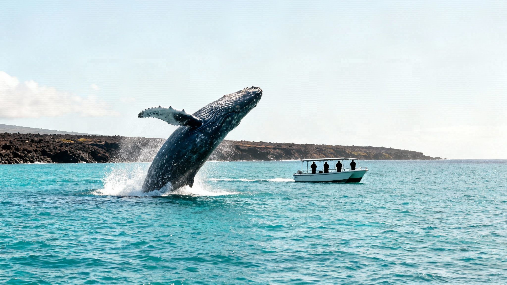 A massive humpback whale breaches spectacularly out of the calm blue waters off the Kona coast, showcasing its full body against the horizon.