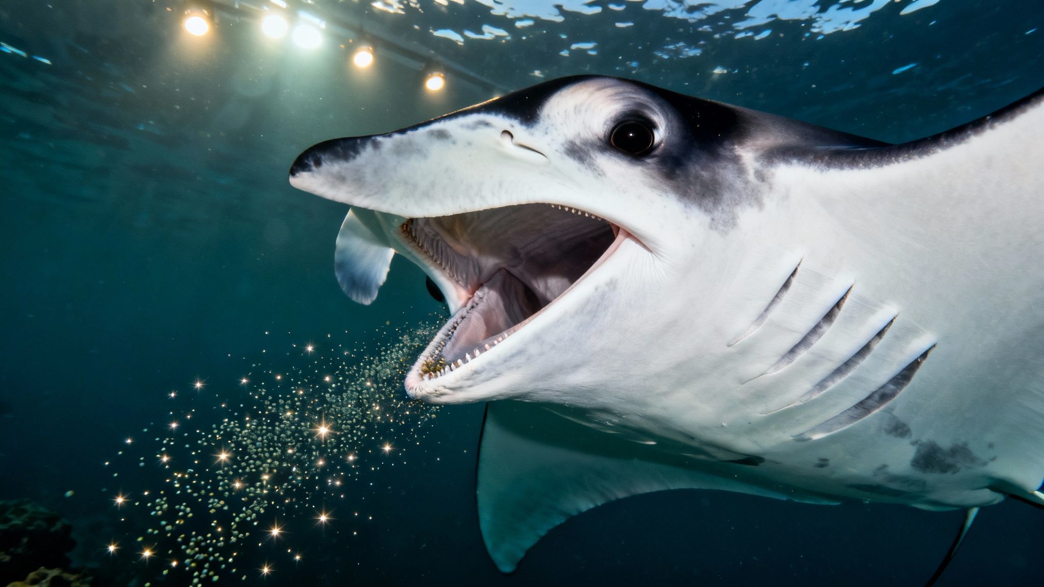 A majestic manta ray swims underwater with its mouth open, filter-feeding on glowing plankton at night.