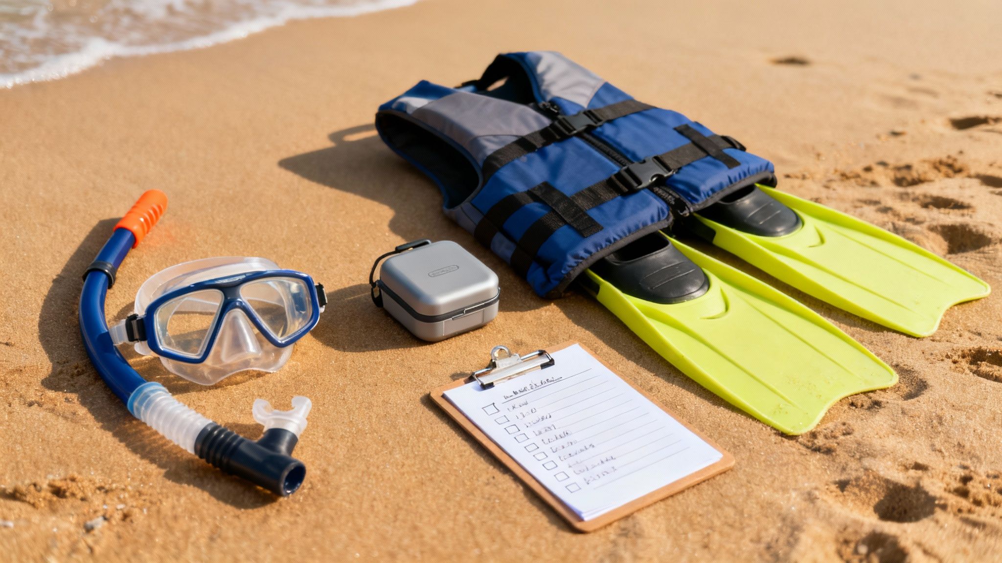 A person's hand holding up a snorkel mask and fins against a sunny, tropical beach background.