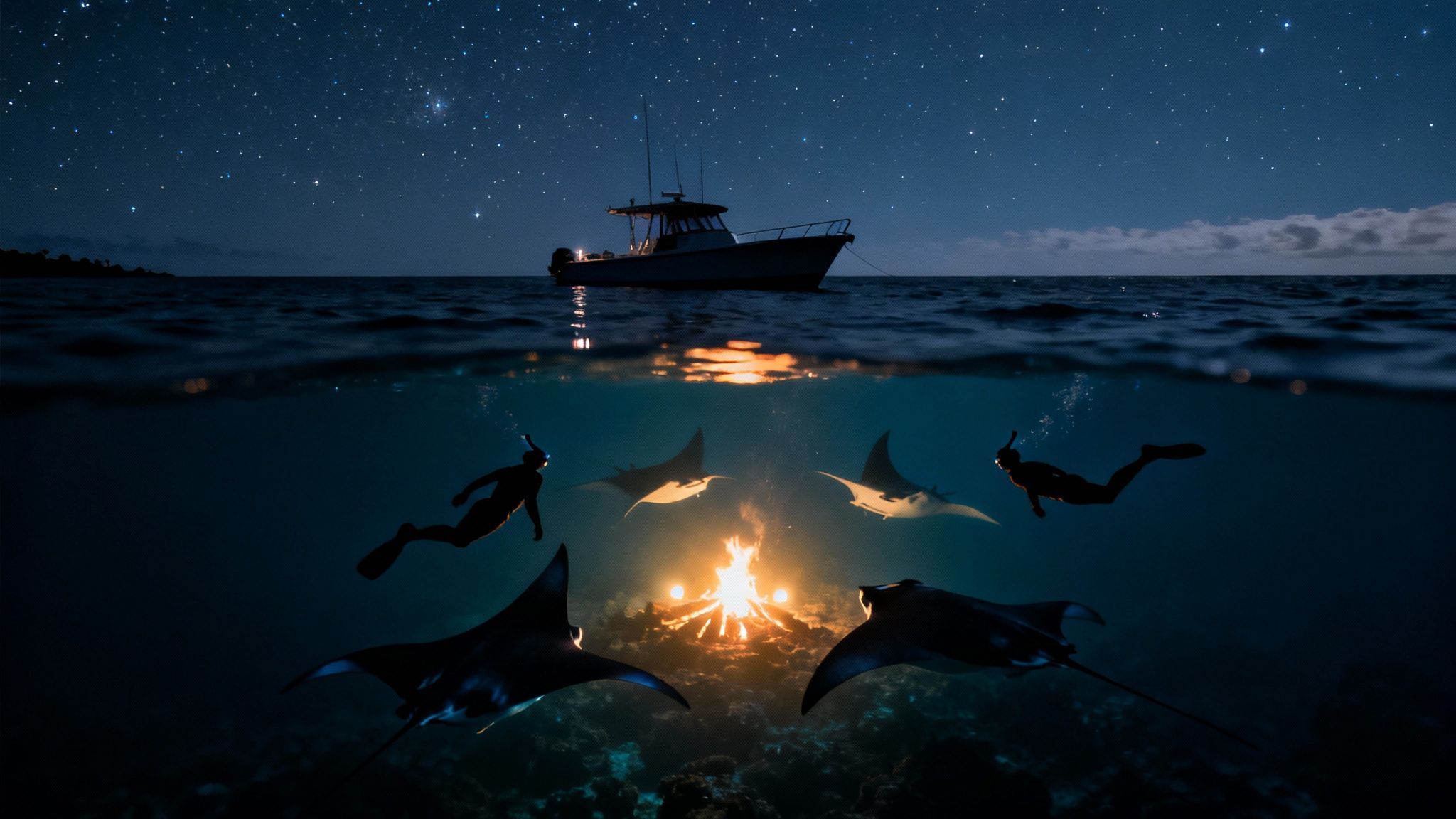 Split-level image of night snorkelers and manta rays around a glowing underwater light.