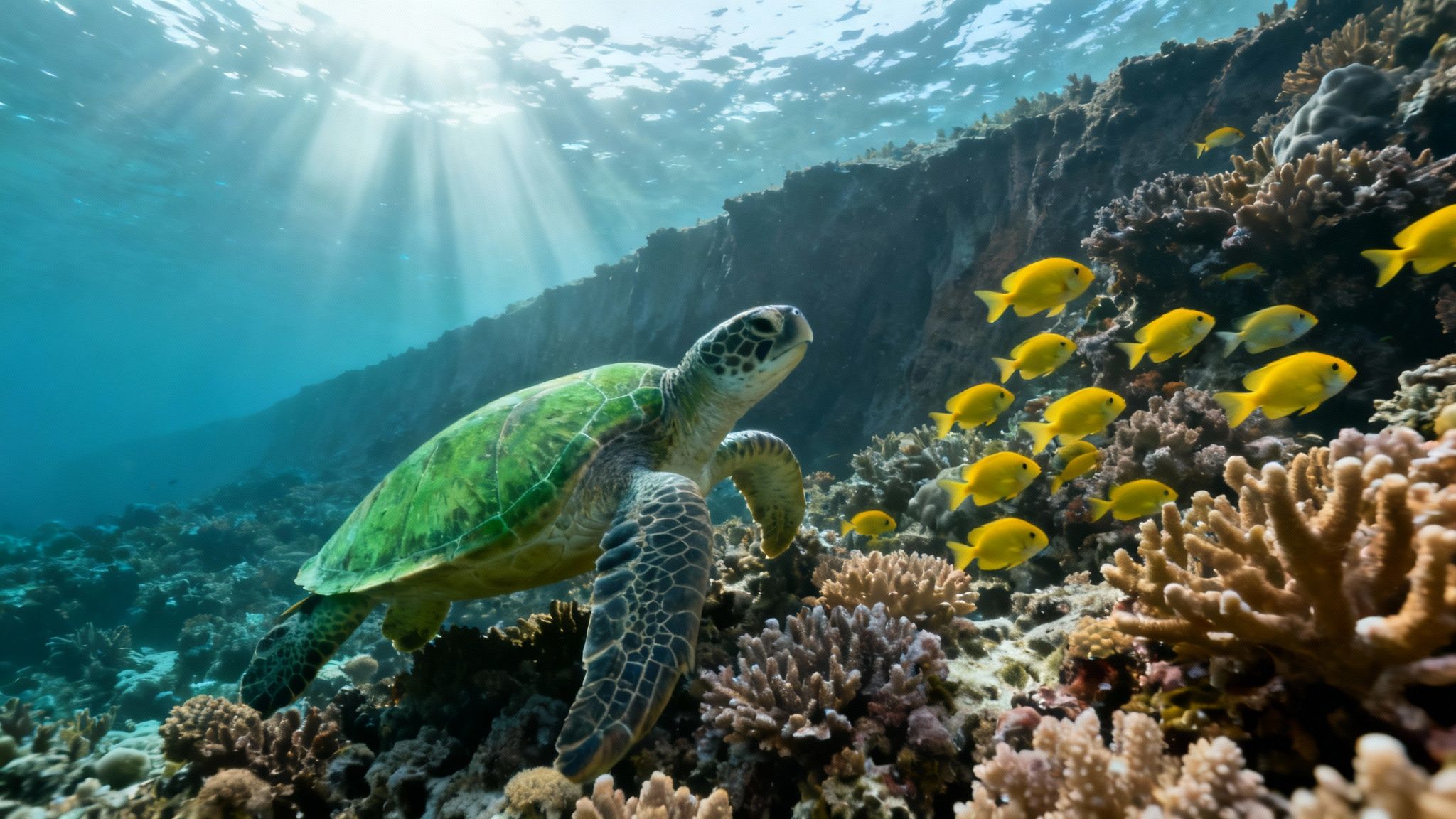 A snorkeler swims over a vibrant coral reef in the clear blue waters of Kealakekua Bay.