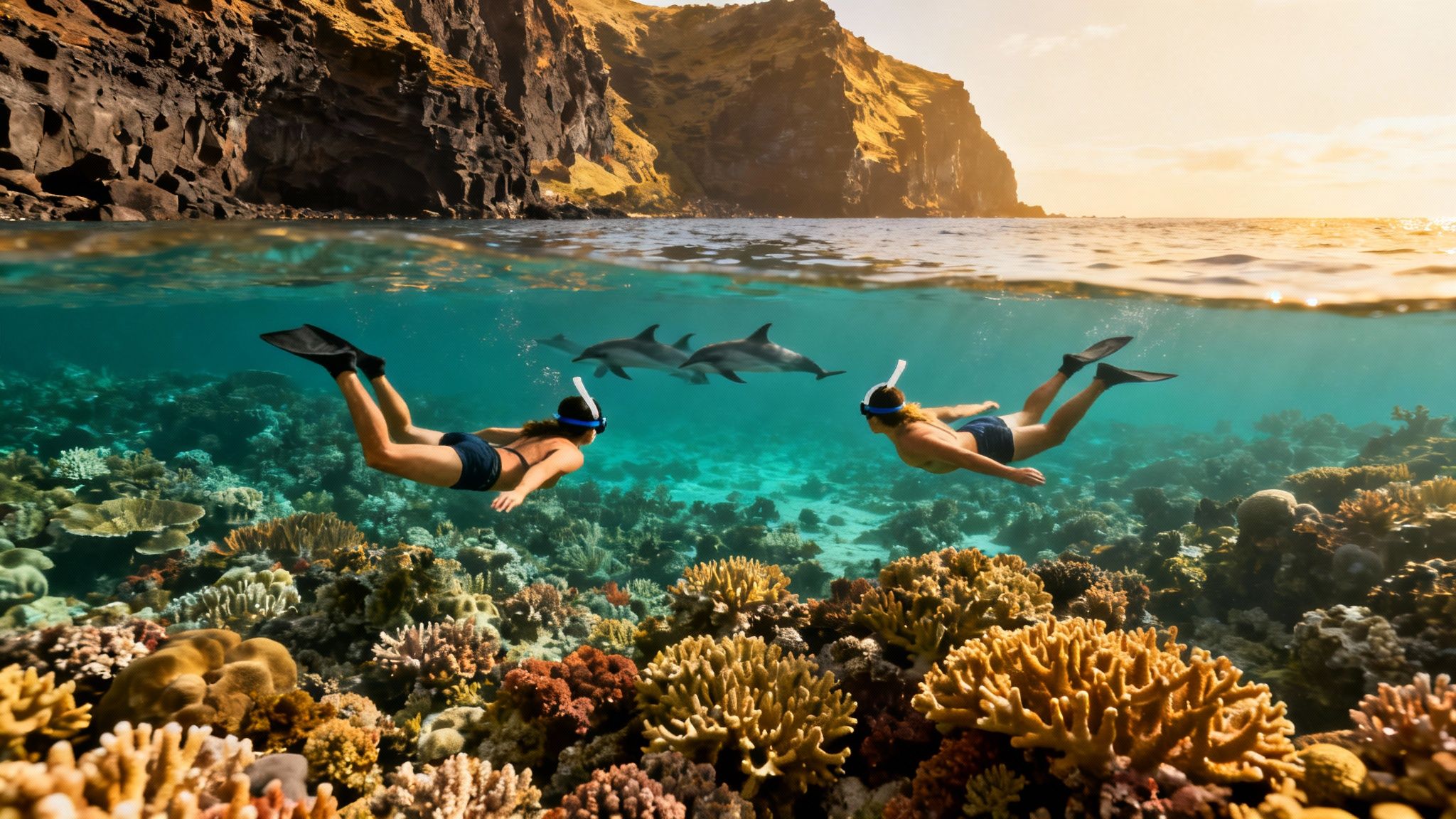 Two people snorkeling with dolphins over a vibrant coral reef near a rocky Hawaiian coastline at sunset.