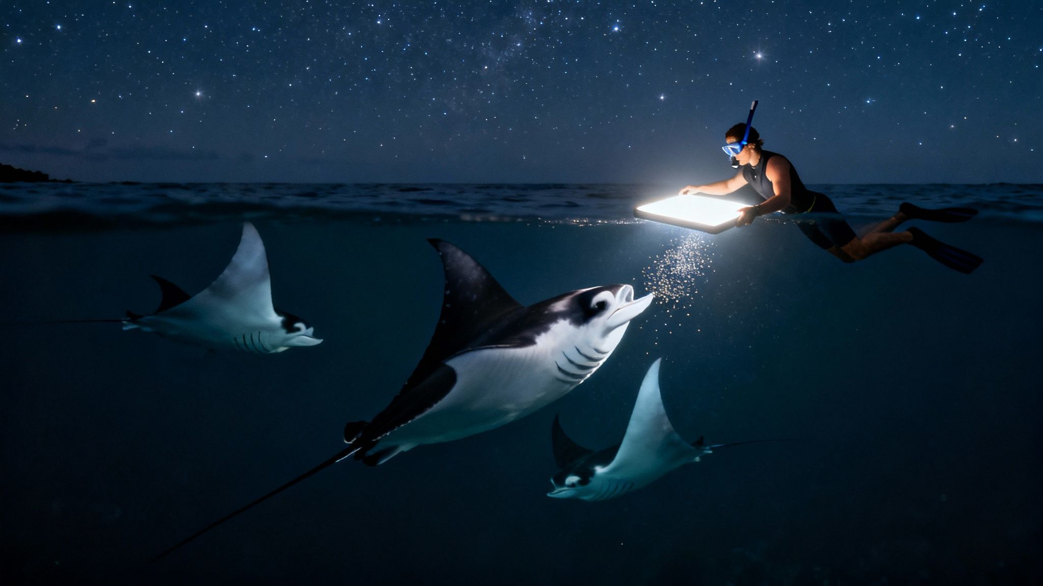 Snorkeler illuminates three manta rays with a light panel under a starry night sky.