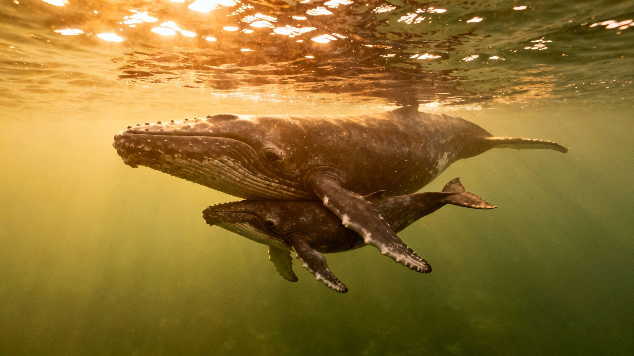 An adult humpback whale swims underwater with its calf, bathed in golden sunlight from above.