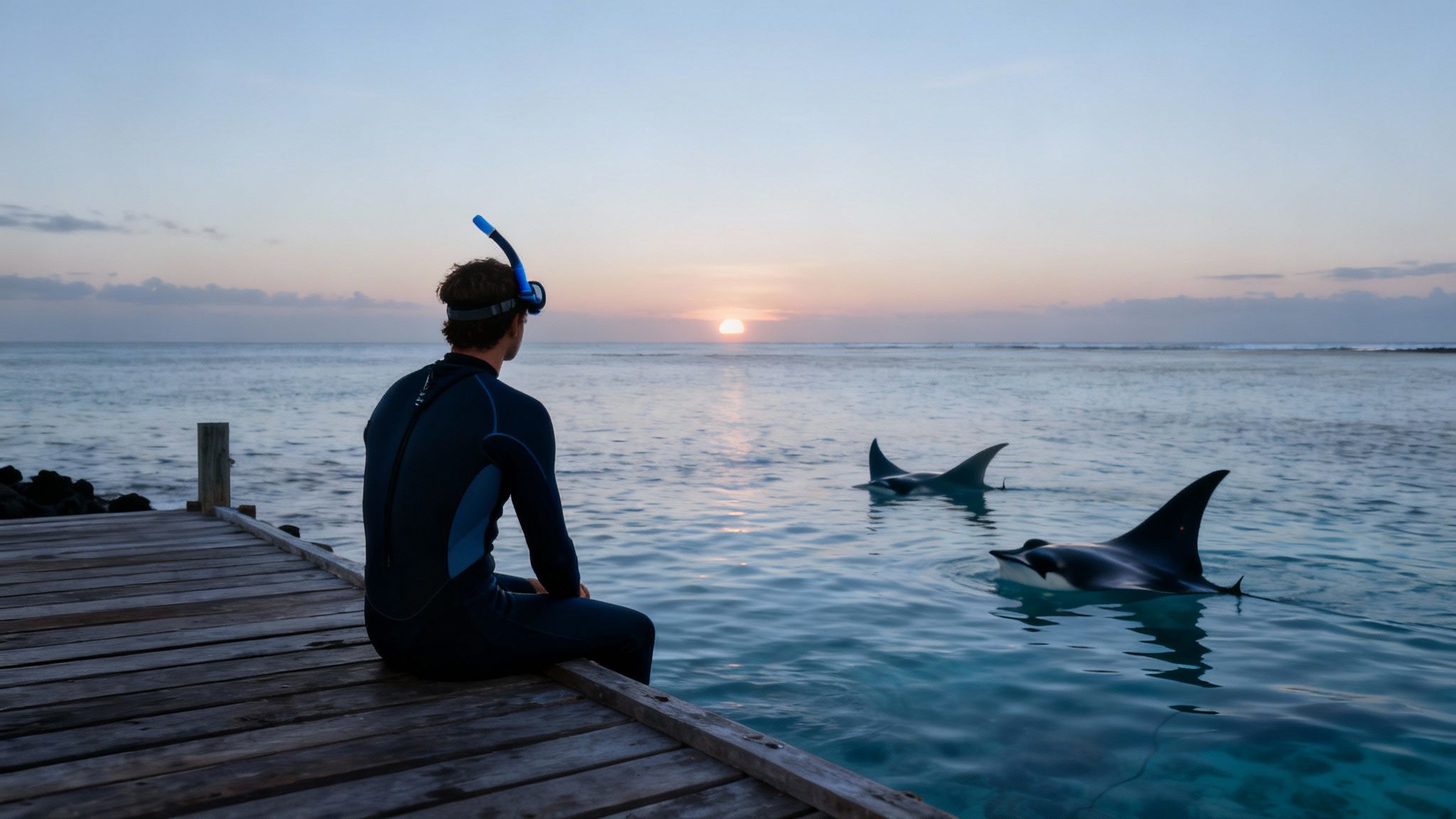 A manta ray glides gracefully through the illuminated water during a night snorkel.