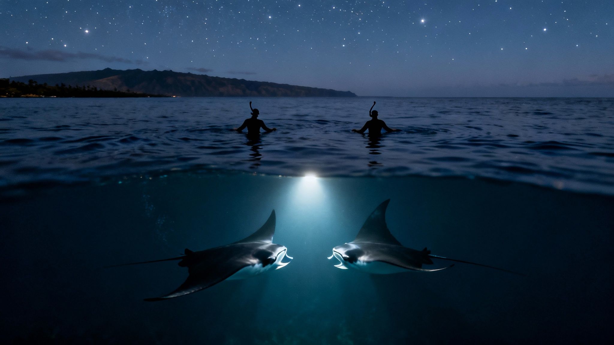 Two snorkelers at night under a starry sky, watching illuminated manta rays in the ocean.