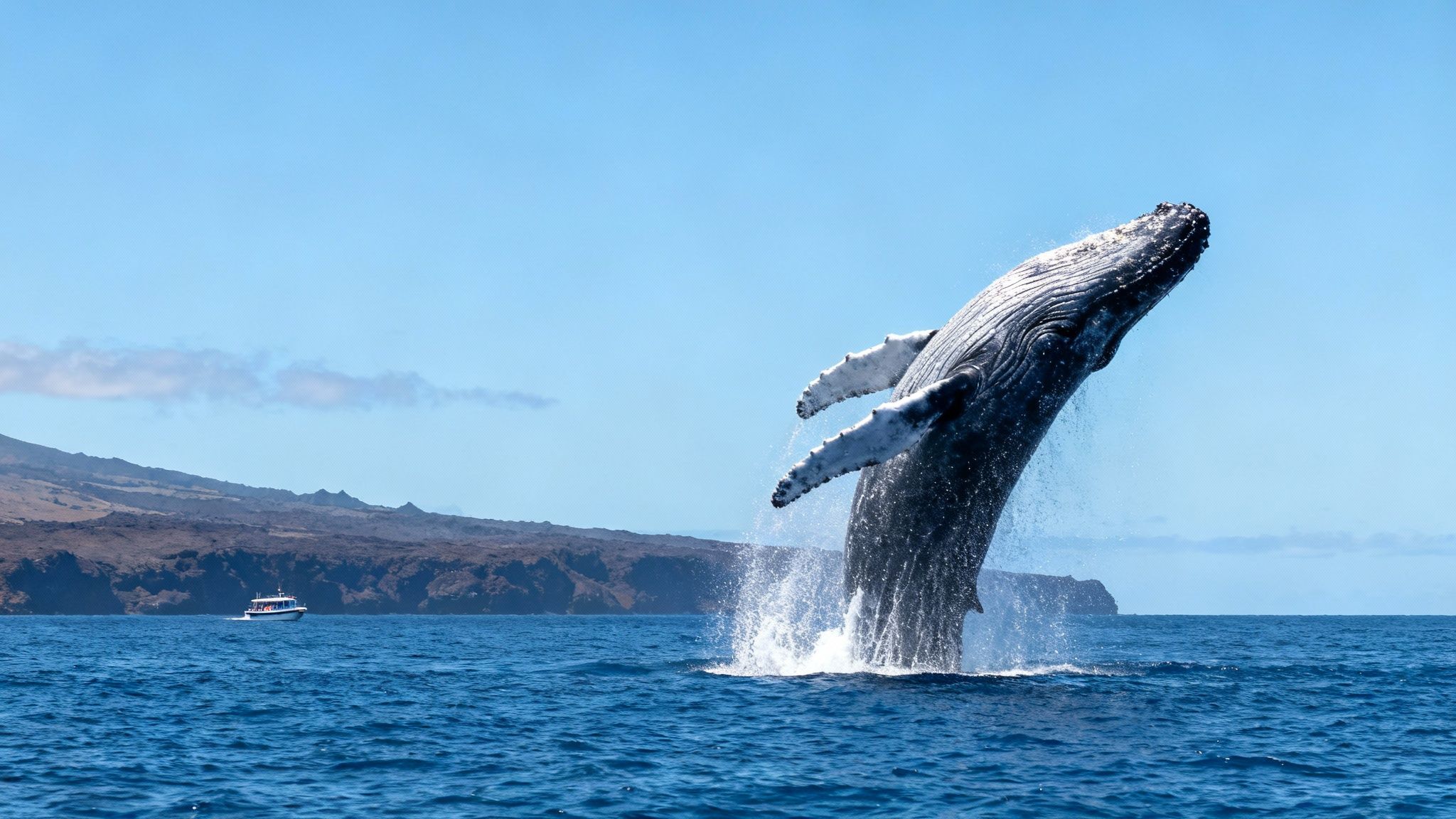 A majestic humpback whale breaches out of the clear blue ocean near a distant island and boat.