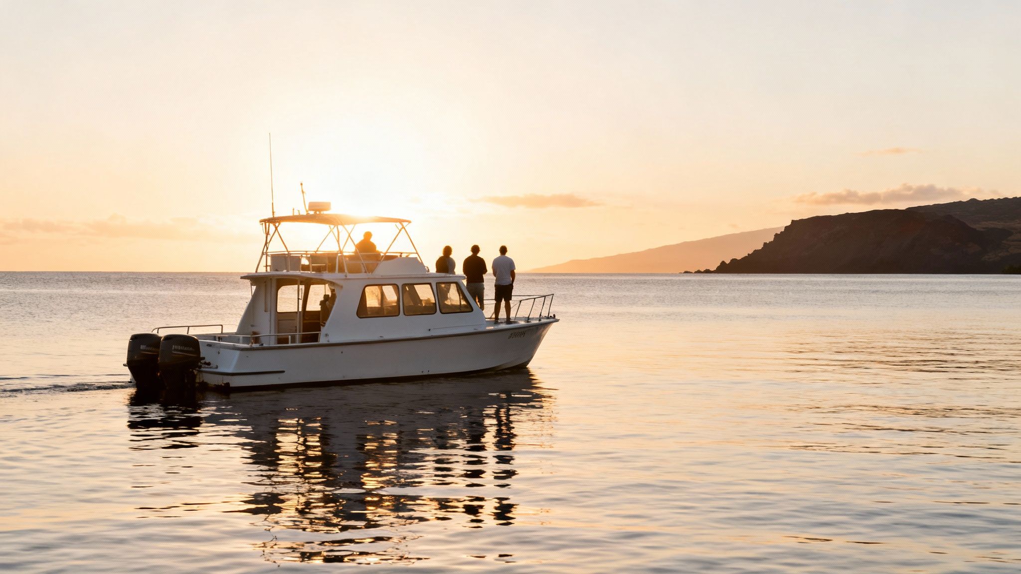 Boat with passengers on calm water during a golden sunset, ideal for whale watching.