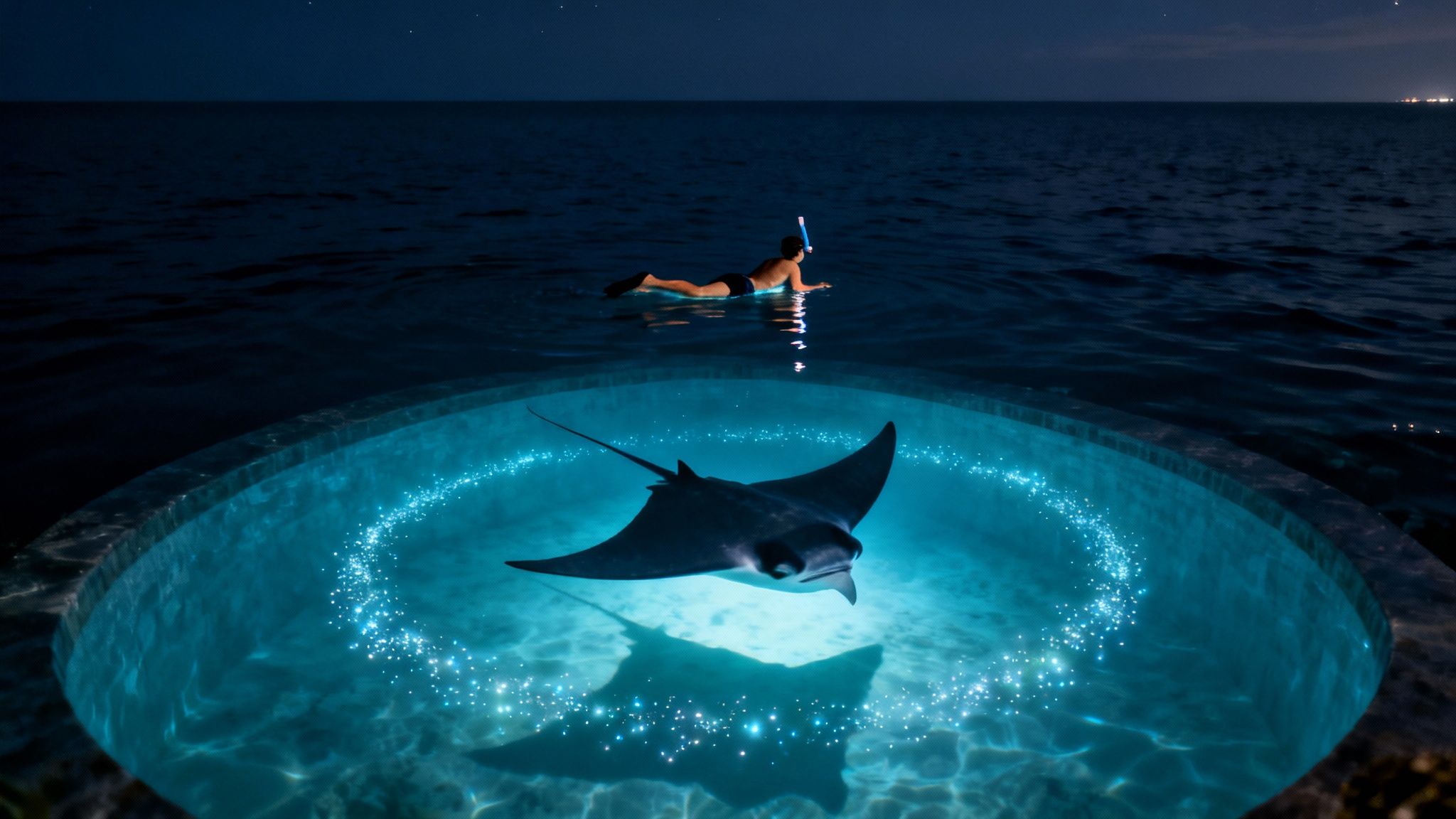 Person snorkeling at night above an illuminated pool featuring a majestic manta ray.