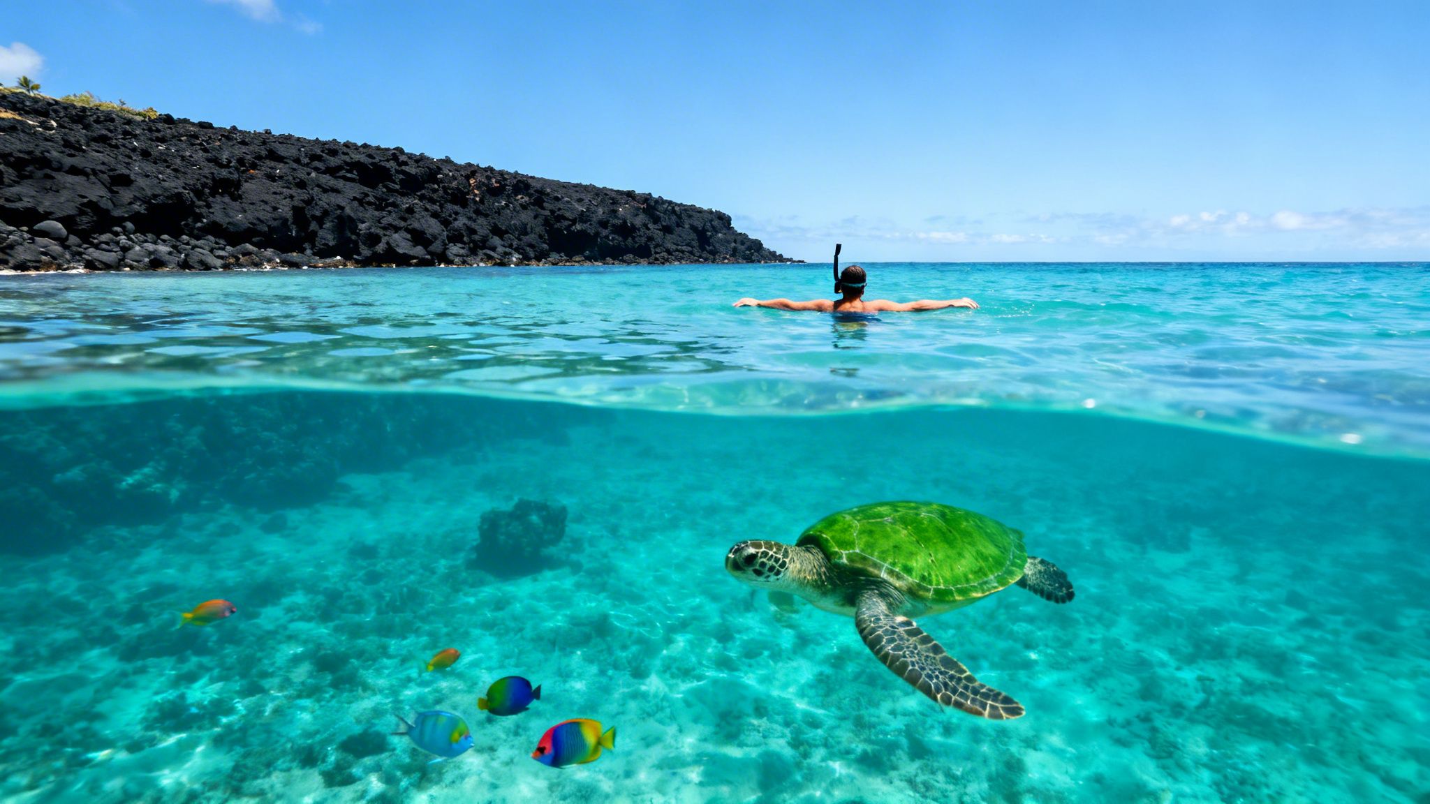 Split image of a snorkeler watching a sea turtle and tropical fish in clear blue water near a rocky coast.