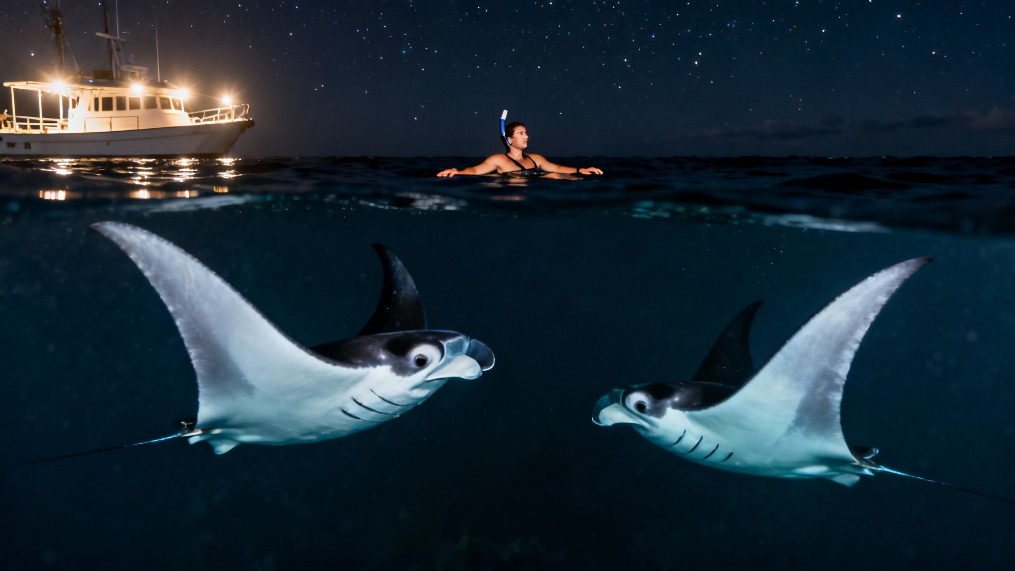 Night snorkeling adventure with manta rays, a person, and a boat under a starry ocean sky.