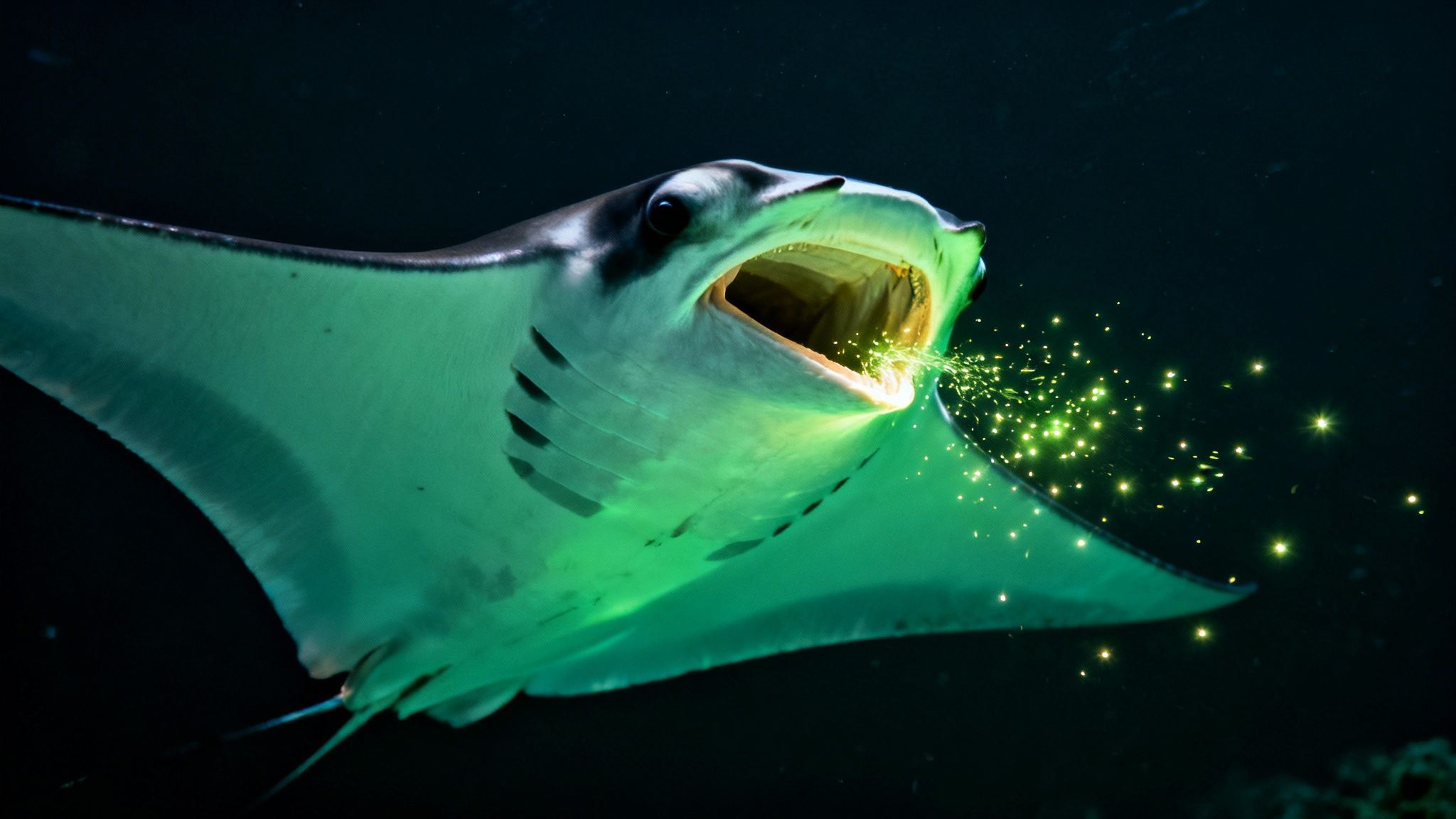 A majestic manta ray swims underwater with its mouth open, emitting glowing golden particles against a dark background.